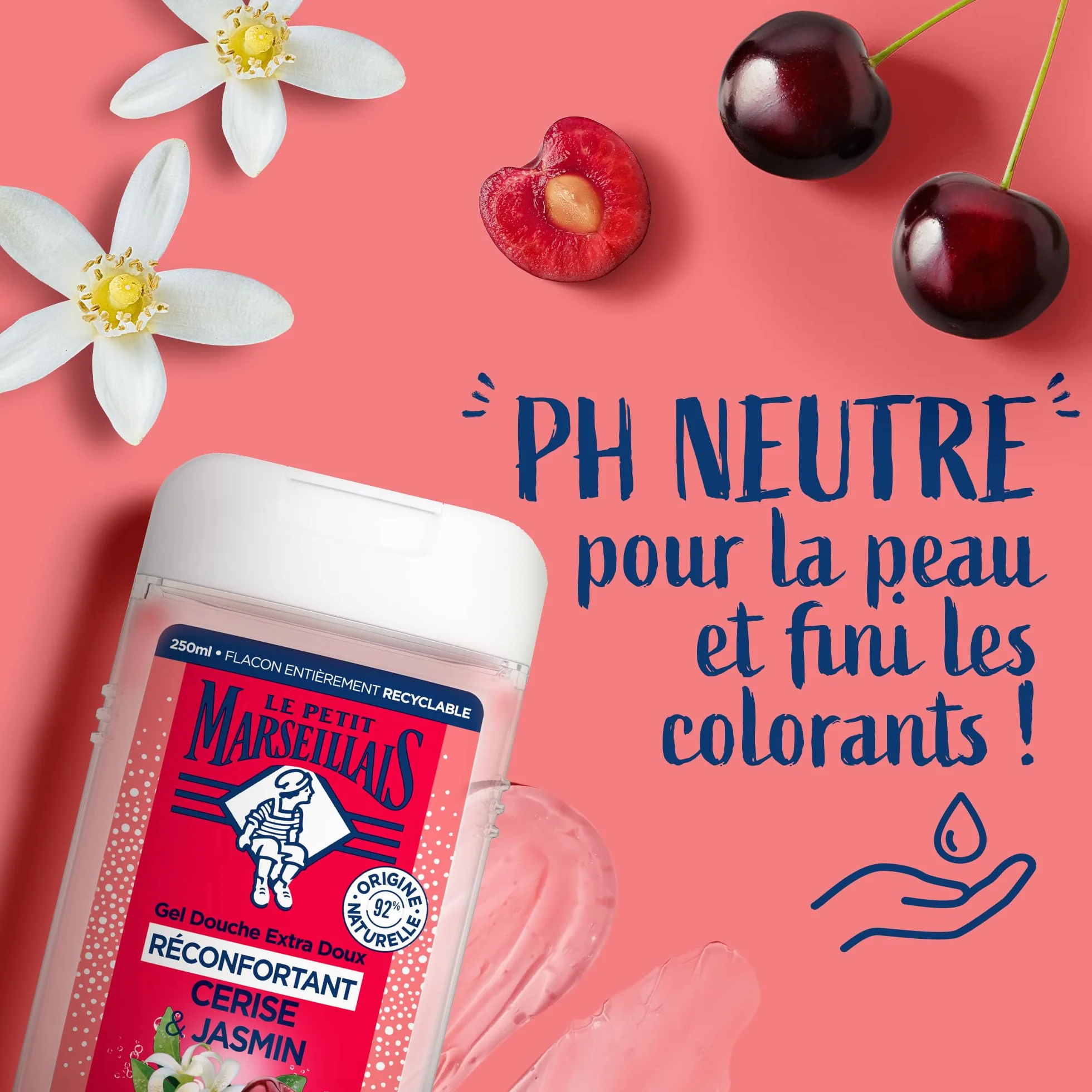 Le Petit Marseillais Gel Douche Extra Doux Réconfortant Cerise & Jasmin 250 ml – 92% Ingrédients Naturels pH Neutre