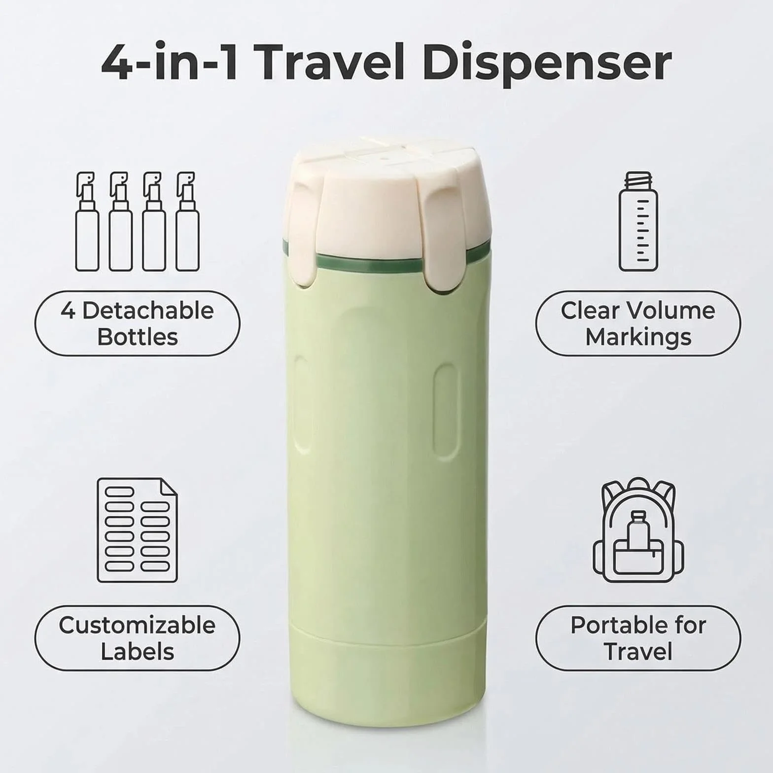 Générique 4 in 1 Travel Dispenser with Scale & Label, Clear Portable Dispenser Bottles, Multipurpose Travel Toiletry Containers, Travel Toiletries Bottle Set for Gym Bag Weekends Away (White+Green)