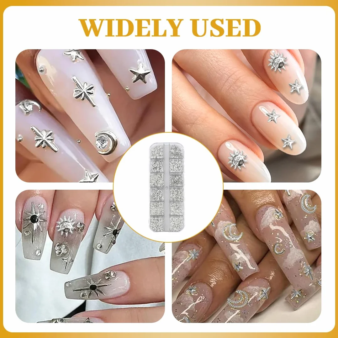 Boîte de Breloques Étoiles et Lune pour Nail Art 3D en Métal - Strass Ongle Nail Art Accessoires Y2K