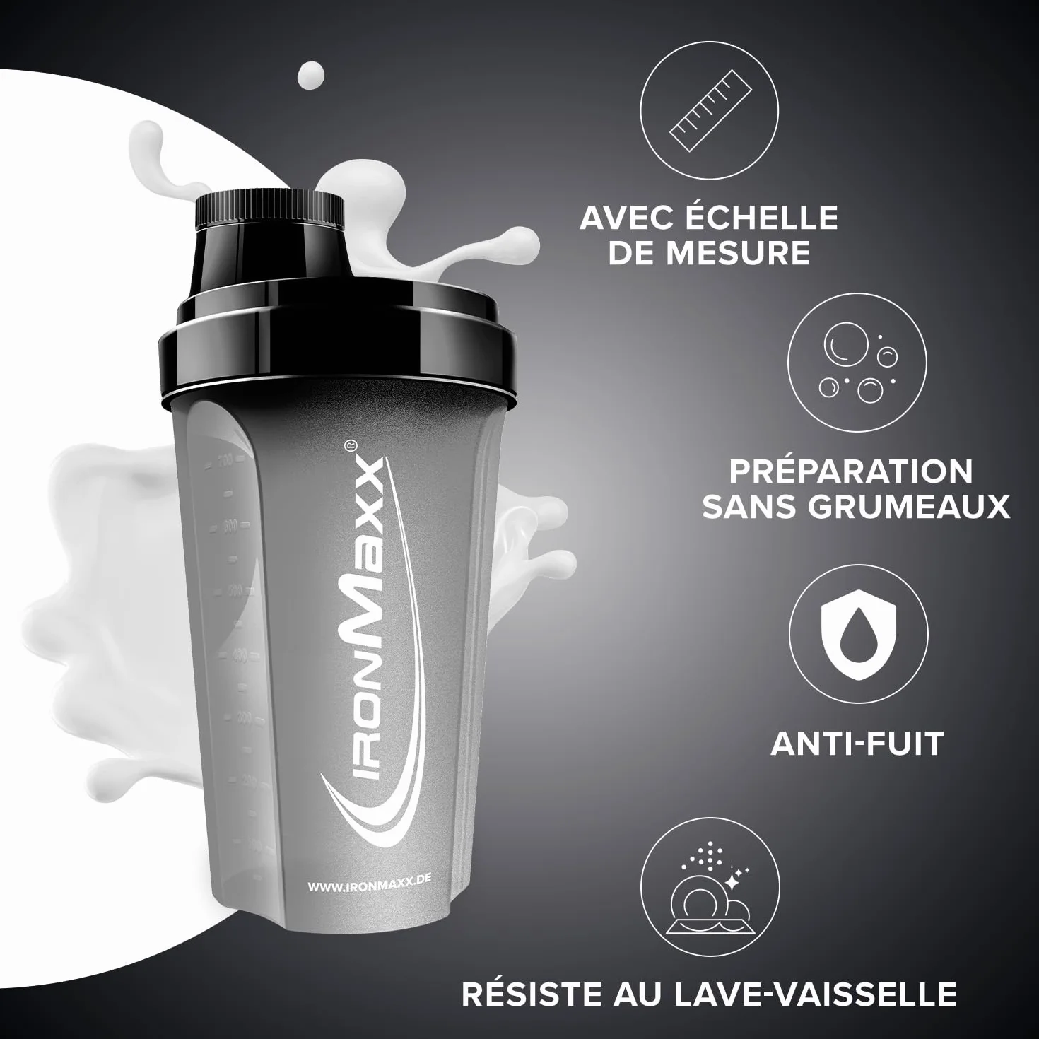 IronMaxx Shaker Protéine Noir Nuit 700 ml Anti-fuite sans BPA