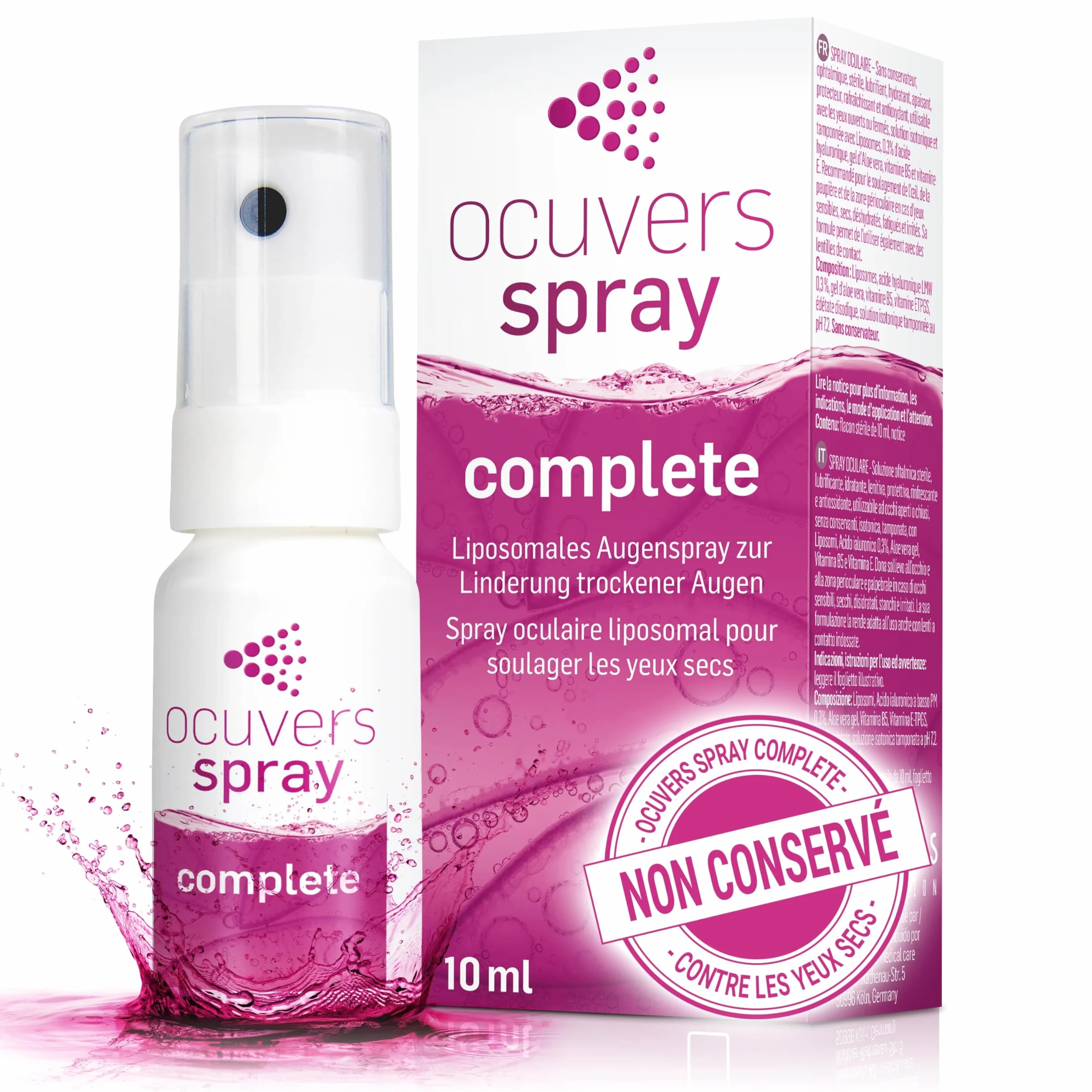 Ocuvers Complete Spray pour les yeux 0,3% acide hyaluronique liposomes aloe vera vitamine B5 E 10 ml