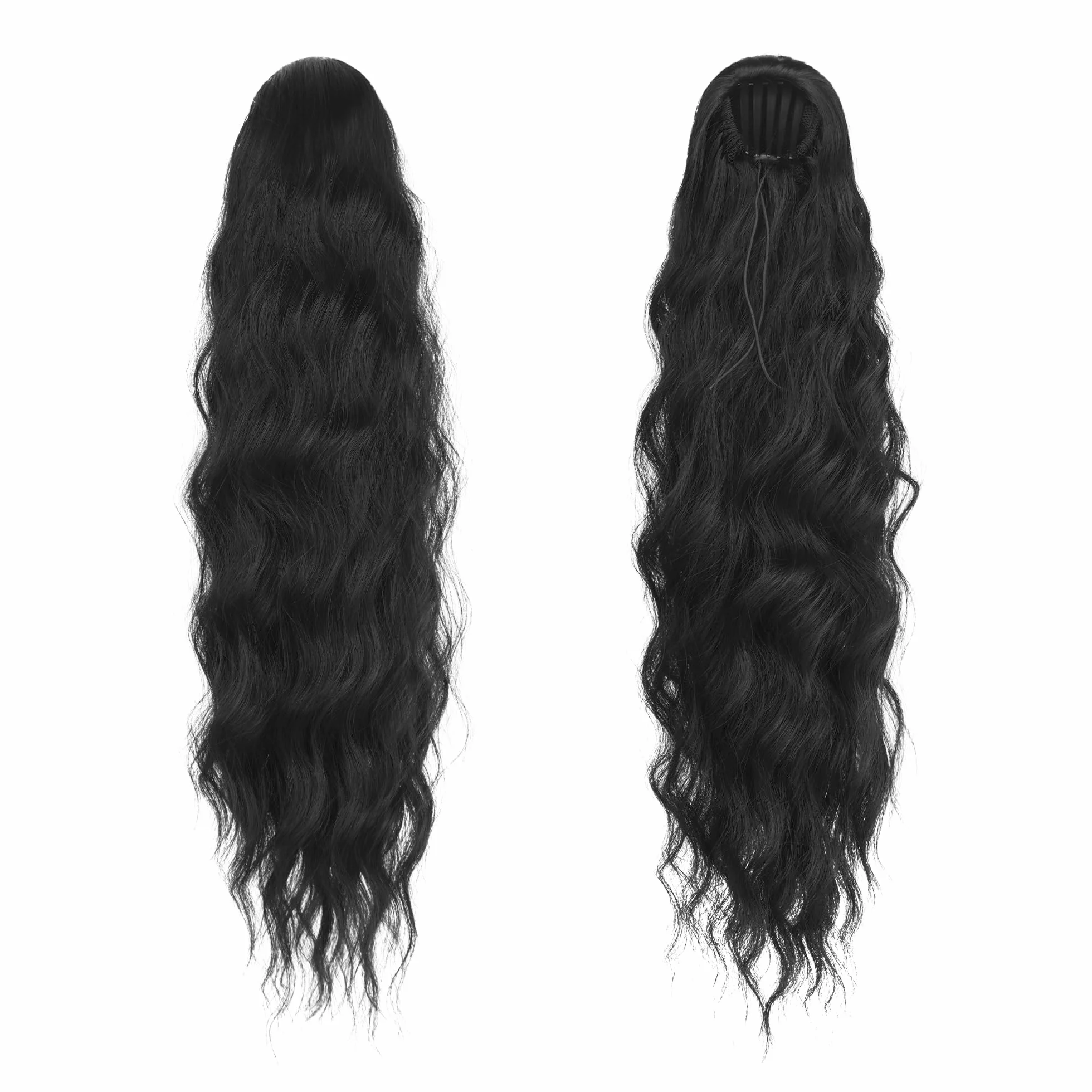 FESHFEN Postiche Queue de Cheval Noir Ondulé Longues, Extension Ponytail Cheveux avec Peigne Ponytails Bouclé Naturel Cordon Synthétique Postiches pour Femmes, 60 cm