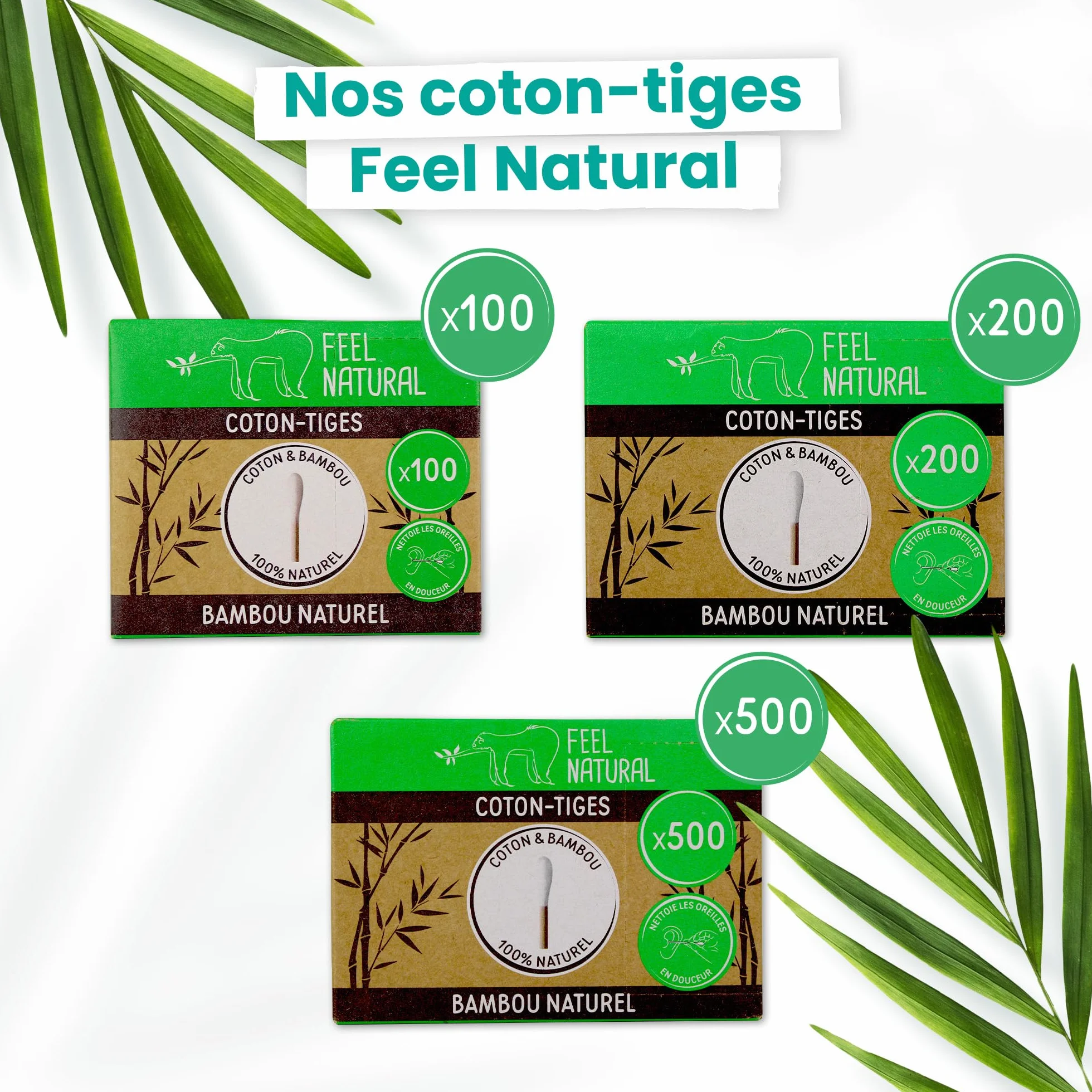 Bambou Feel Natural Coton Tige Bambou Boîte 200 Cotons Tiges Blanc Hygiène Oreille Démaquillage