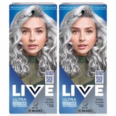 Schwarzkopf LIVE Ultra Brights Silver Hair Dye, Steel Silver 098 Lot de 2