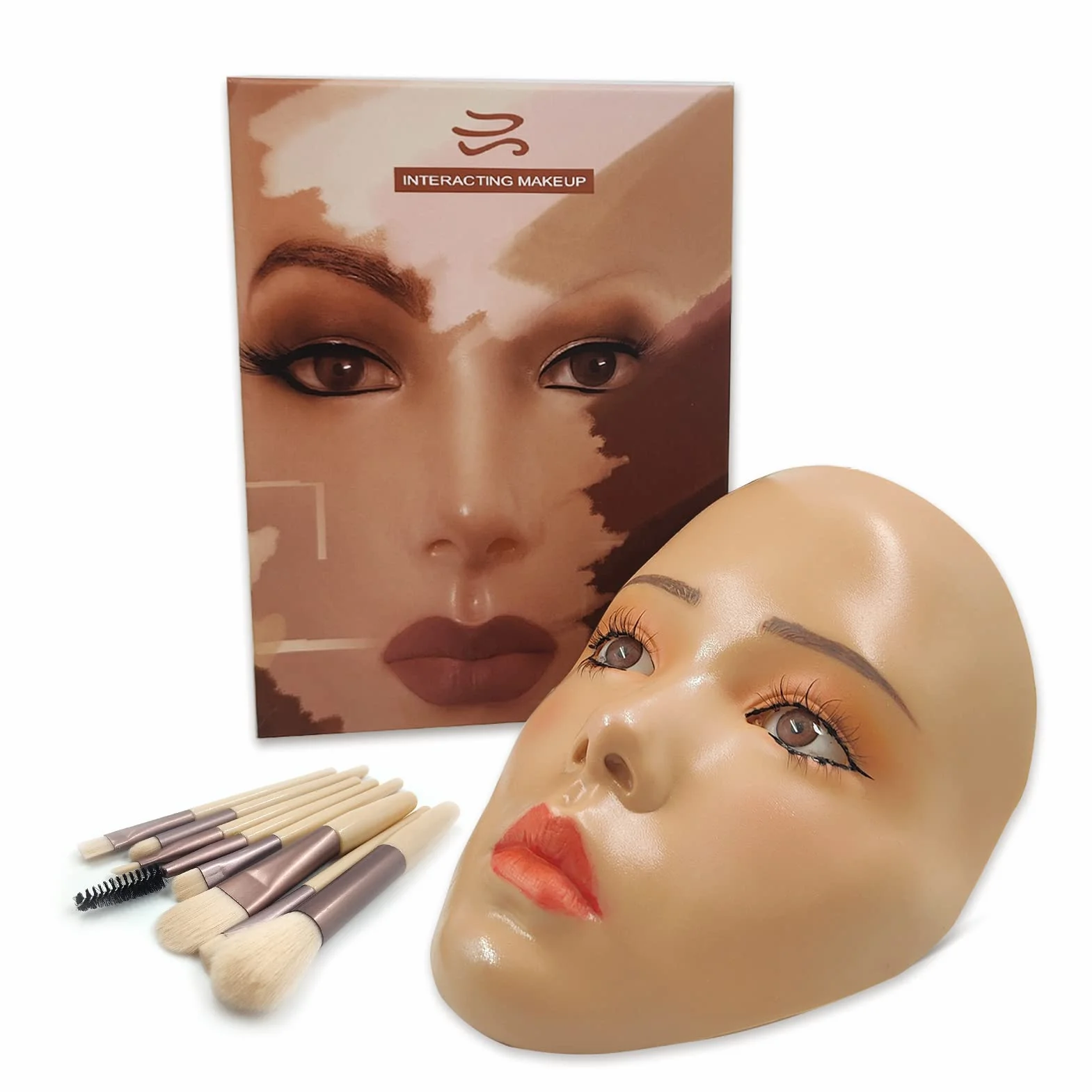 Tête de mannequin 3D en silicone réutilisable avec pinceaux de maquillage, pour artistes émergents et filles