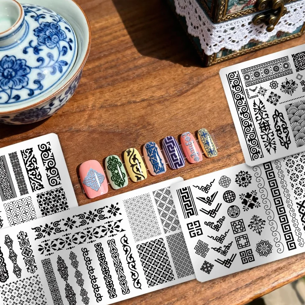 PH PandaHall 4pcs Plaque de Tampon à Ongles à Motifs de Style Chinois Modèle D'Art D'Ongle à Longue Bande Rétro Motifs Floraux Pochoirs à Ongles Bordures Traditionnelles pour Femmes Manucure Décor