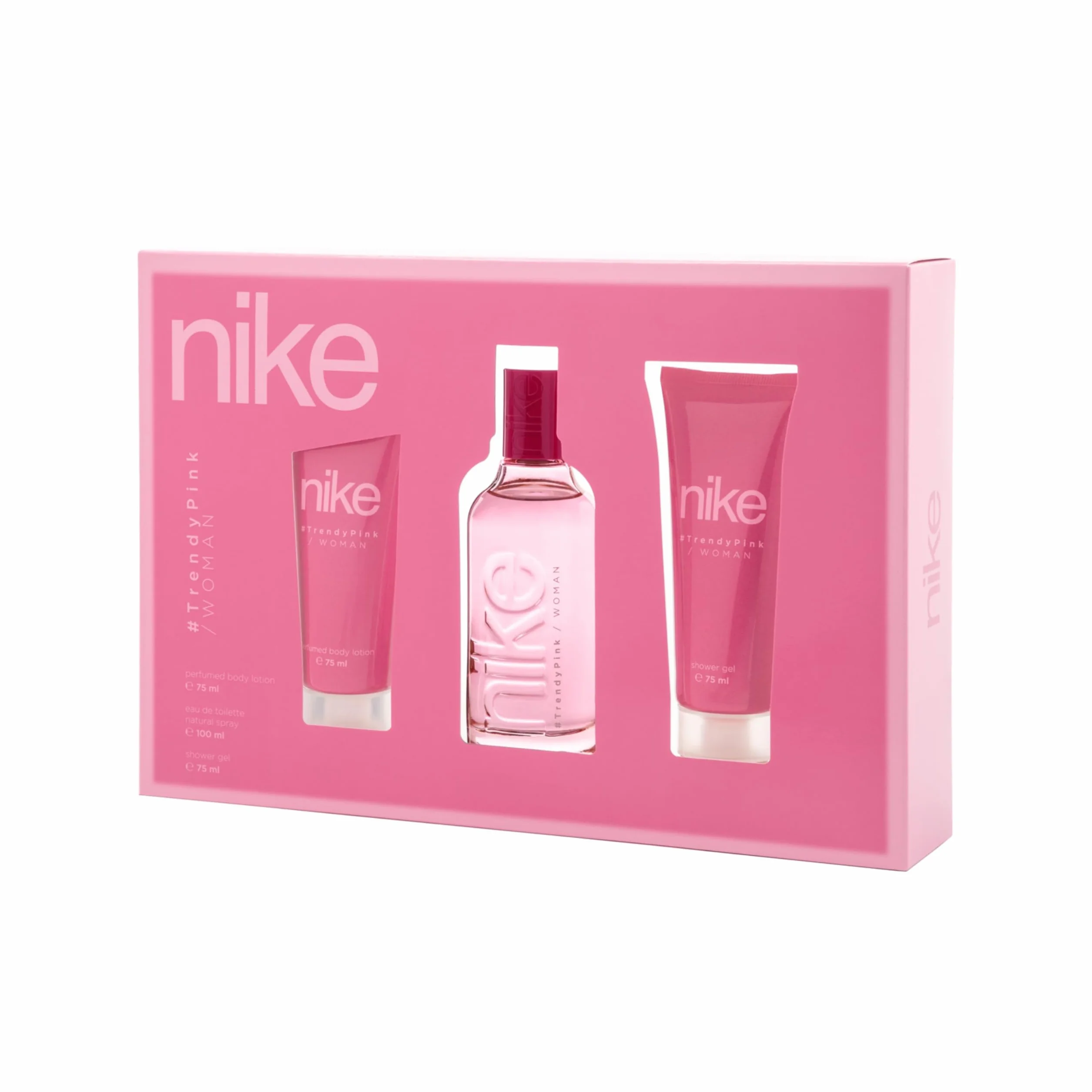 NIKE - Eau de Cologne Trendy Pink 100 ml + Gel Bain 75 ml + Crème Corps 75 ml, Coffret Femme, Eau de Toilette Naturelle et Féminine, Arôme Floral, Parfum Frais, Jeune et Longue Durée