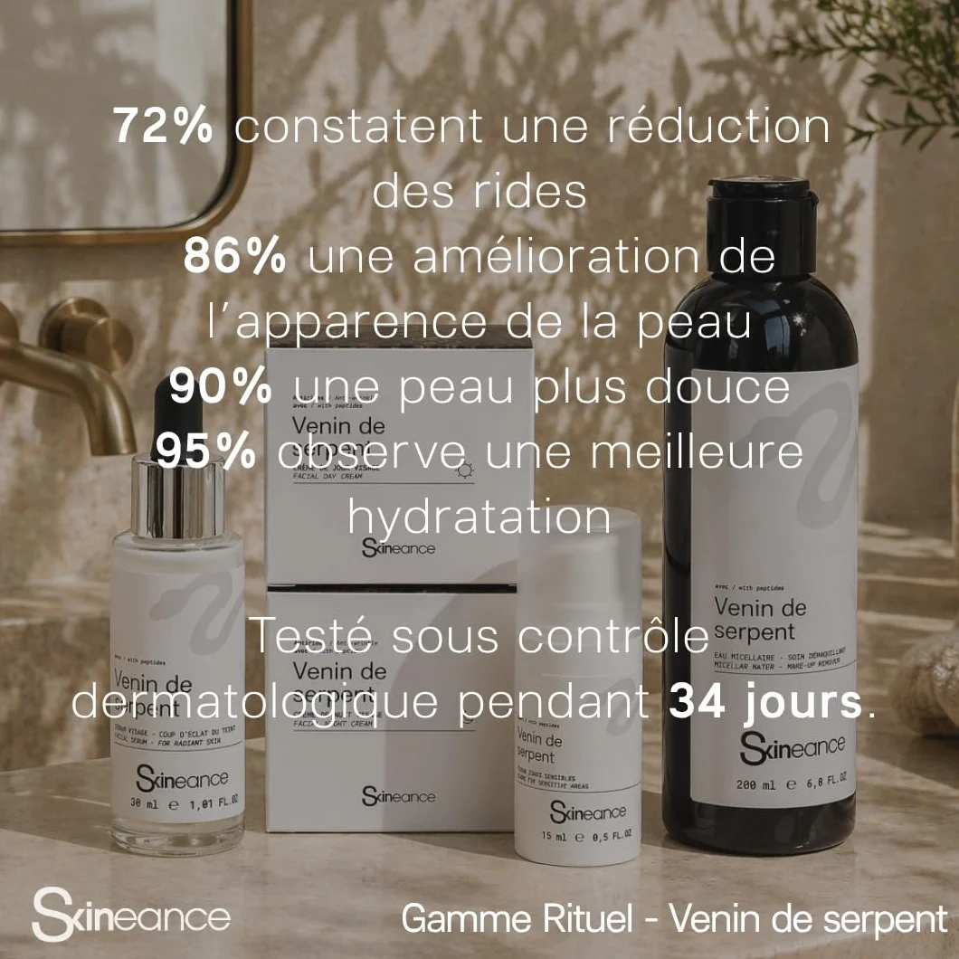 Skineance - Gamme Rituel Venin de Serpent | 5 Produits Soin Visage Anti-âge | Crème Jour 50 ml + Crème Nuit 50 ml + Eau Micellaire 200 ml + Sérum 30 ml + Sérum Zones Sensibles 15 ml | Coffret beauté