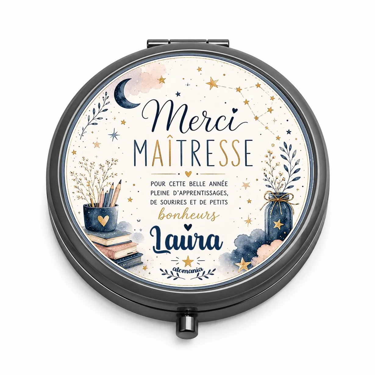 Miroir de Poche Personnalisé avec Prénom – Cadeau Maîtresse Original Fin d'Année Scolaire – Miroir Compact Femme
