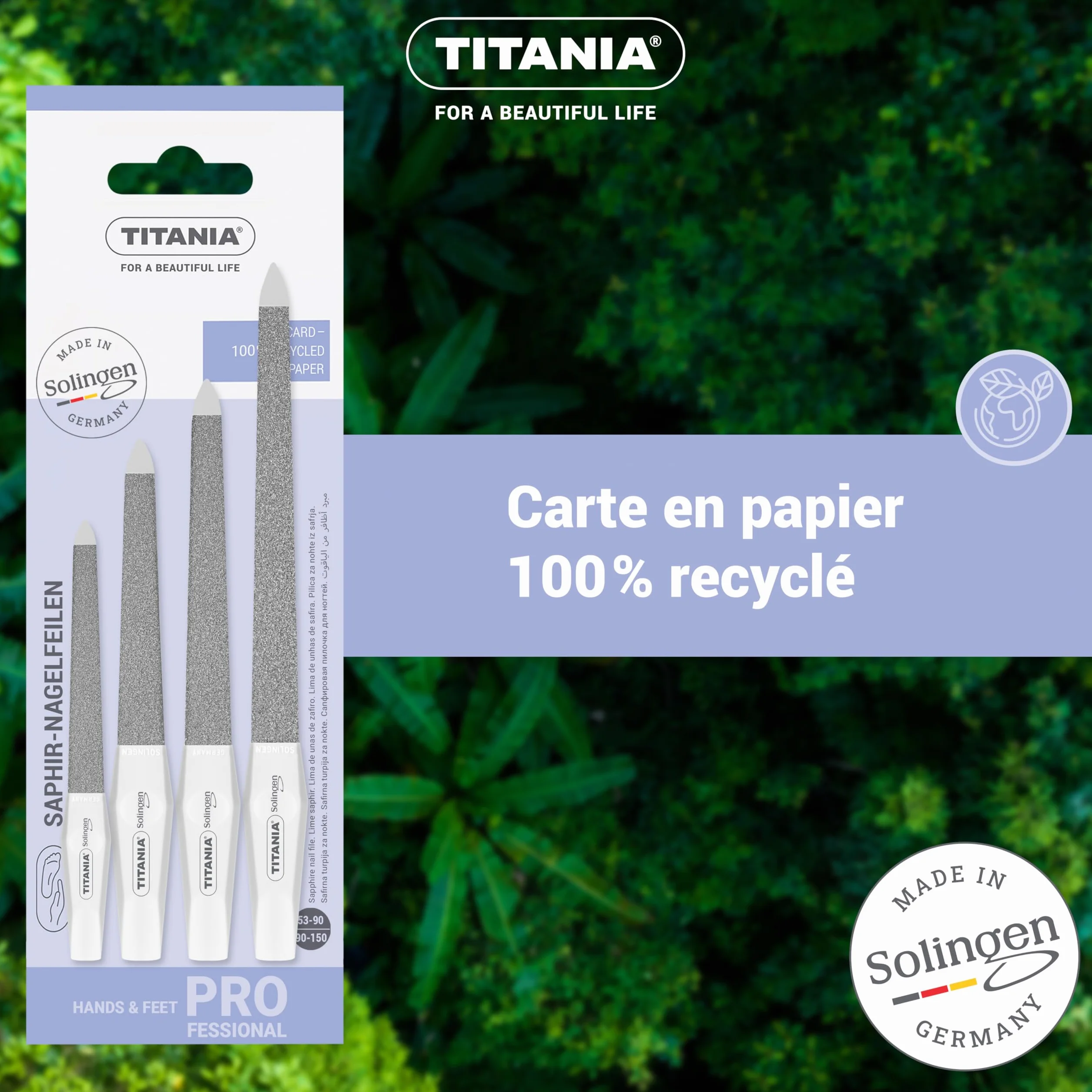 TITANIA Solingen Lot de 4 limes à ongles saphir 12/15/17/20 cm professionnelles manucure pédicure