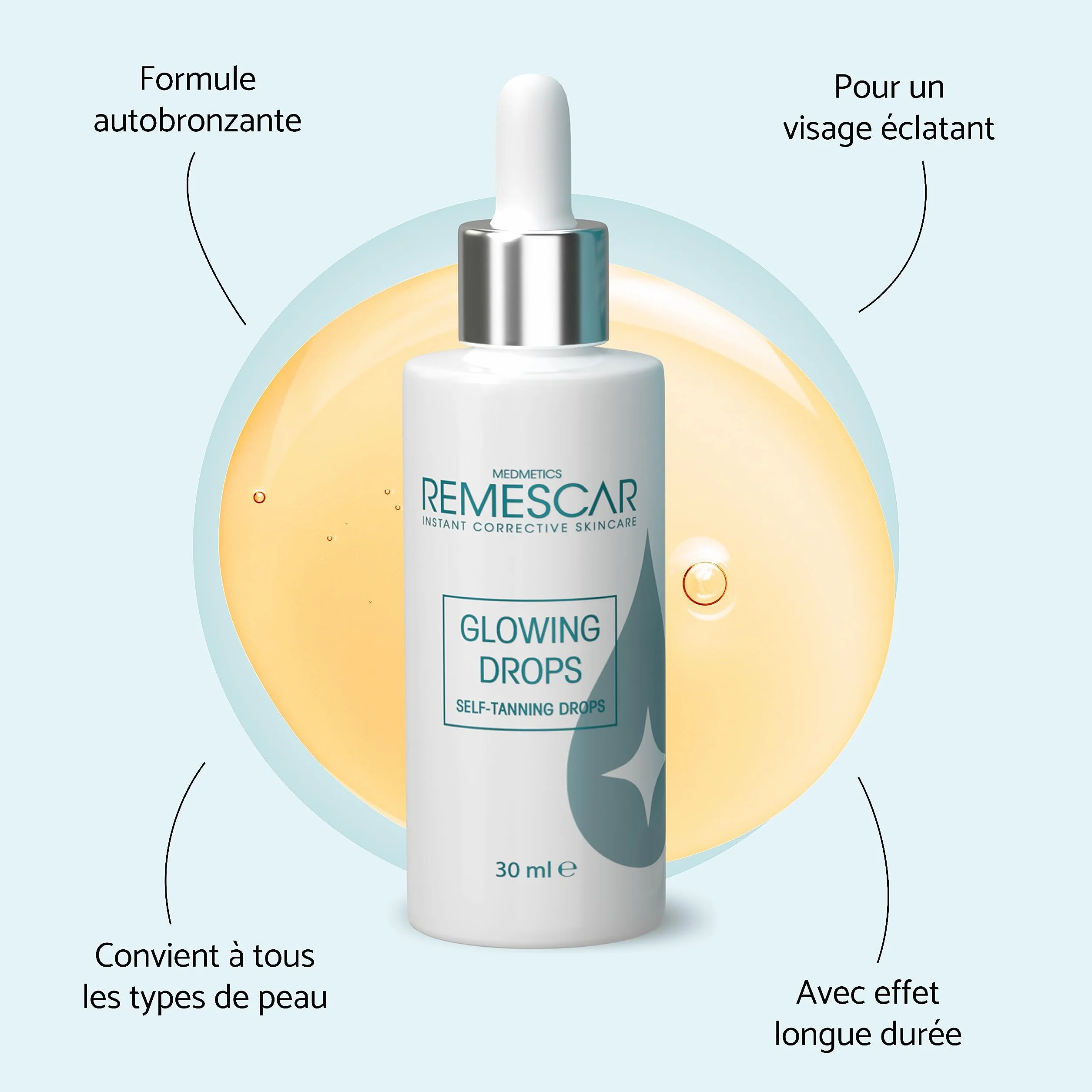 Remescar Glowing Drops 30ml – Gouttes Autobronzantes Visage & Corps – Bronzage Progressif & Éclat Naturel – À Mélanger à Votre Crème Hydratante