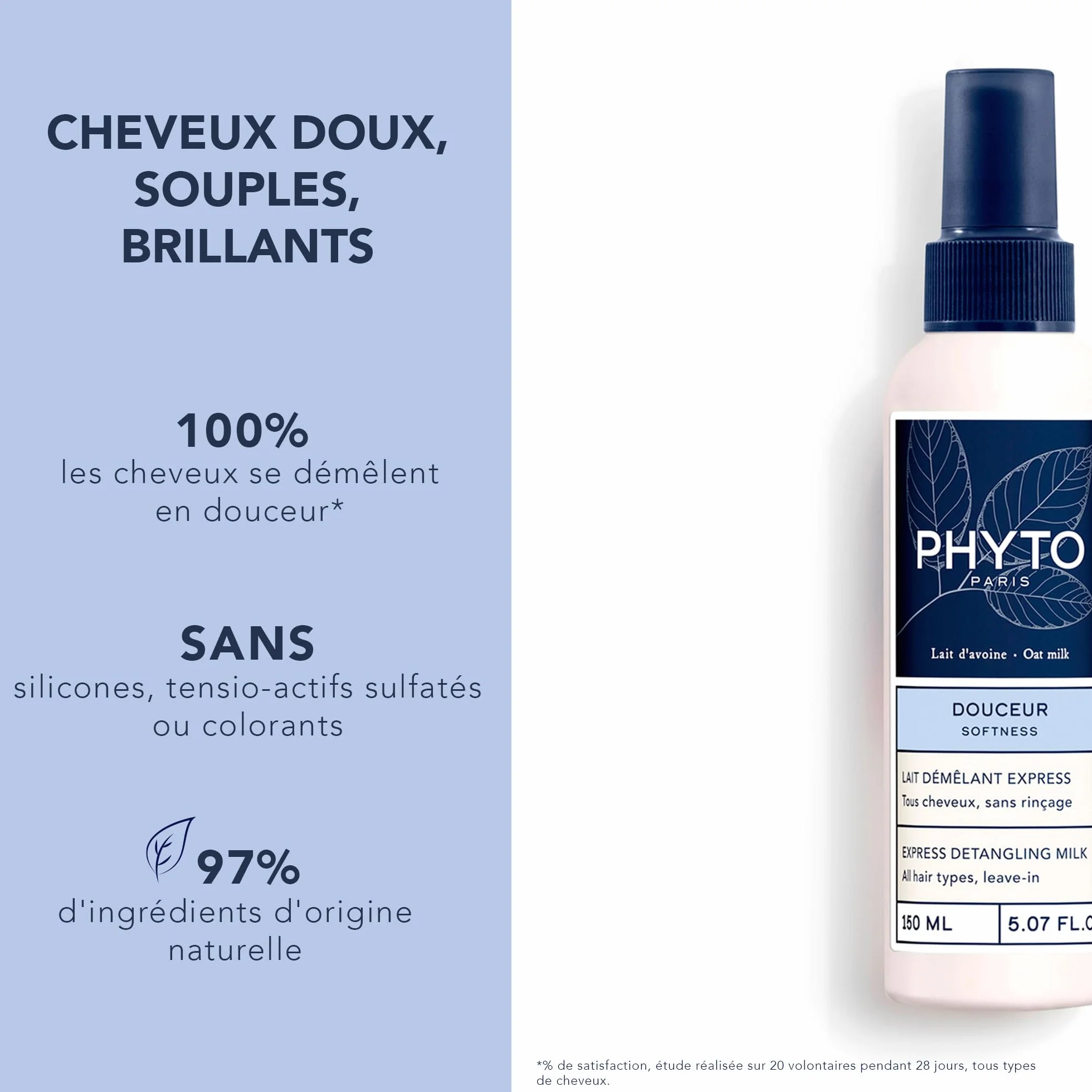 Phyto Paris Lait Démêlant Express Soin Sans Rinçage Cheveux Anti-Frisottis Hydratation Brillance Lait d'avoine Mauve Blanche 3 ans