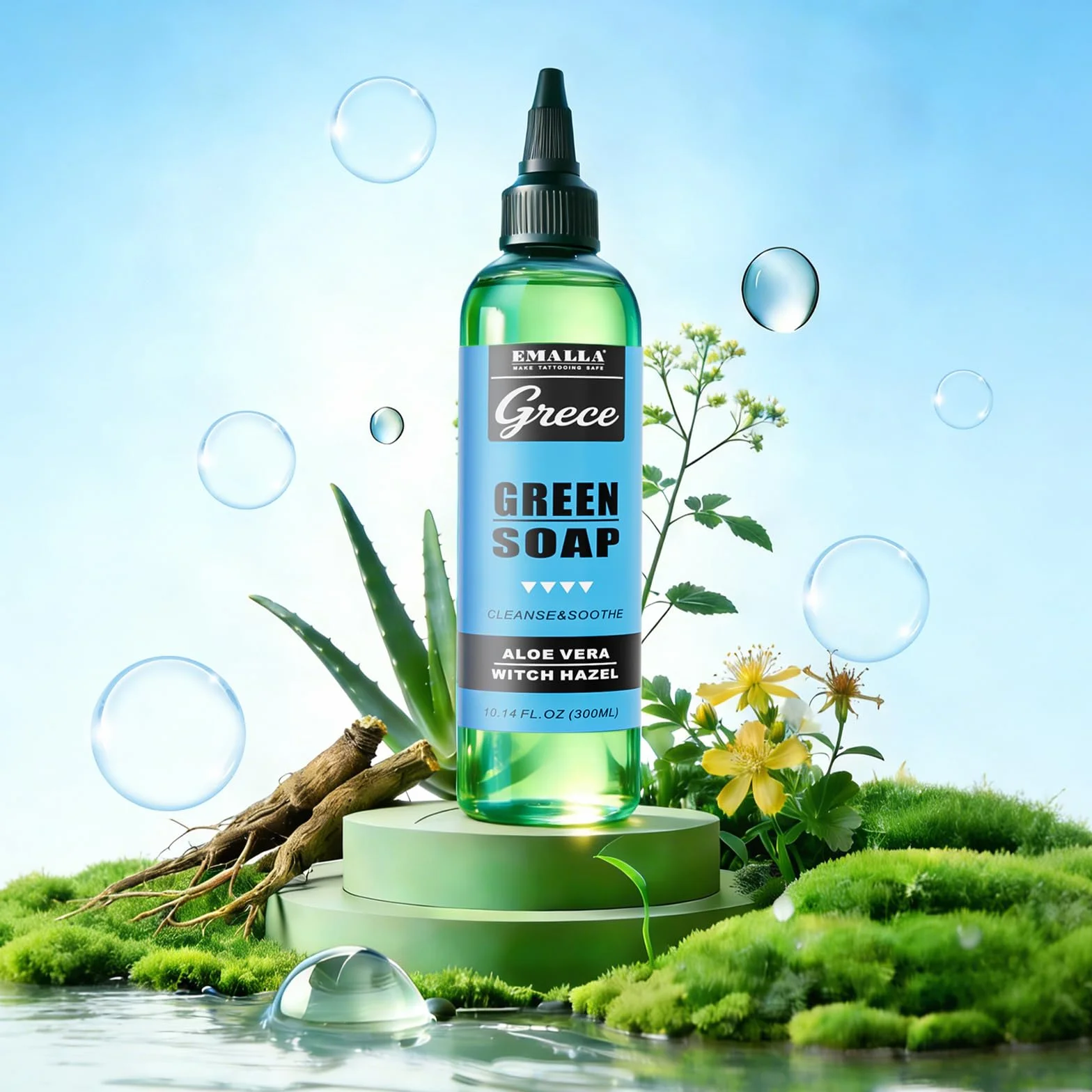 EMALLA 300 ml Tattoo Green Soap Ultra concentré avec flacon de lavage 250 ml - Nettoyant doux pour tatouage