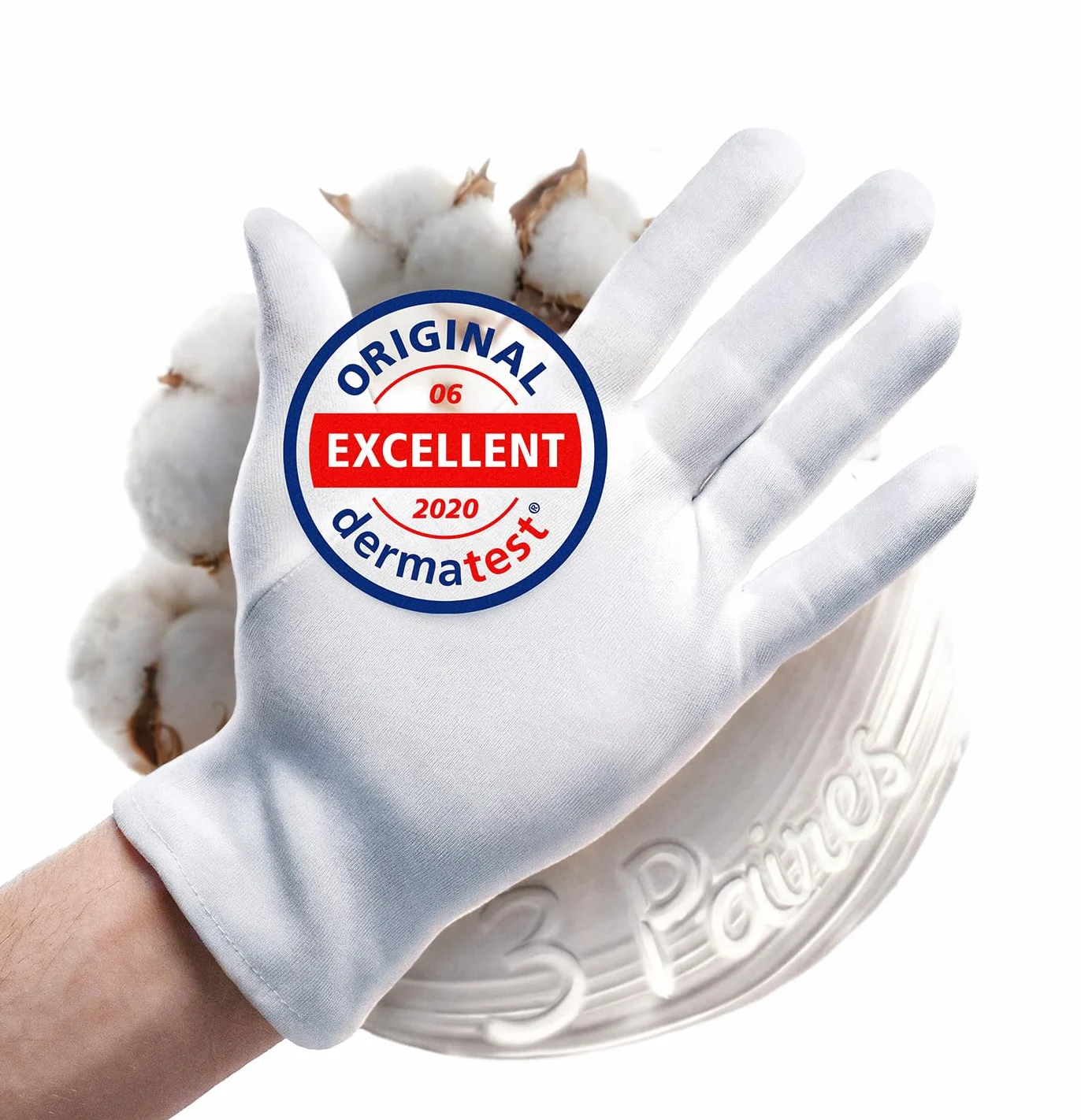 Gants coton blanc respirant pour peau sèche et sensible, dermatologique avec coutures renforcées, confortable jour et nuit - soins des mains