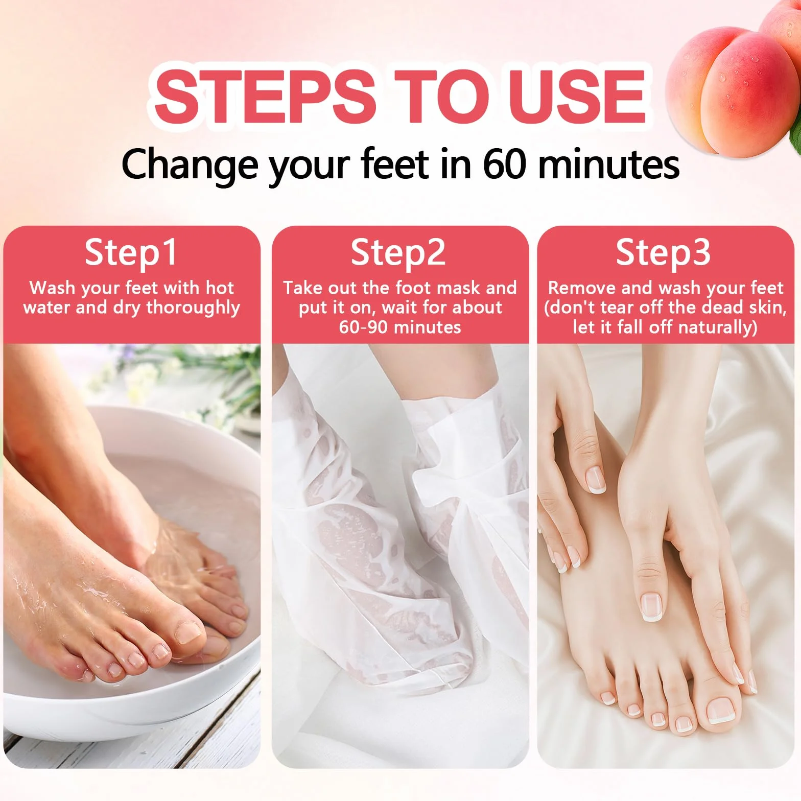 Masque Pied Peeling Pêche 3 Paires, Exfoliant Pieds Talons Peau Morte Sèche pour Pieds Doux