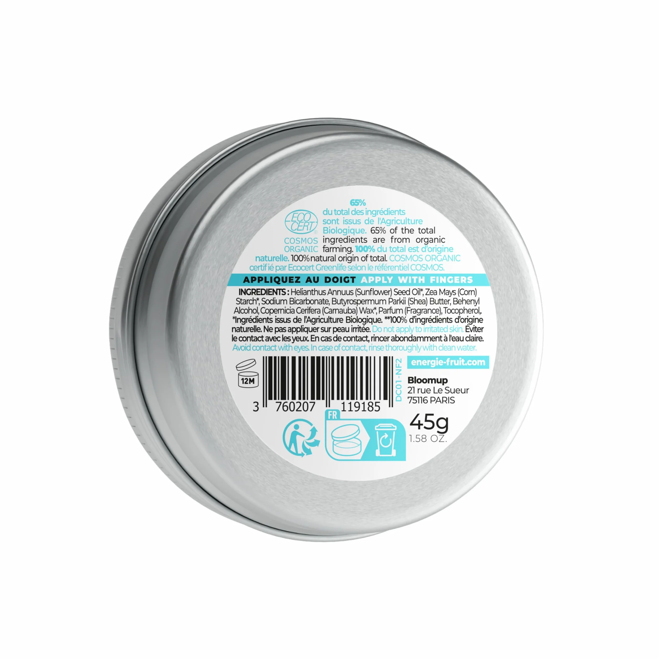 ENERGIE FRUIT Déocrème Déodorant Crème 100% Naturel Parfum Monoï BIO ECOCERT 45g
