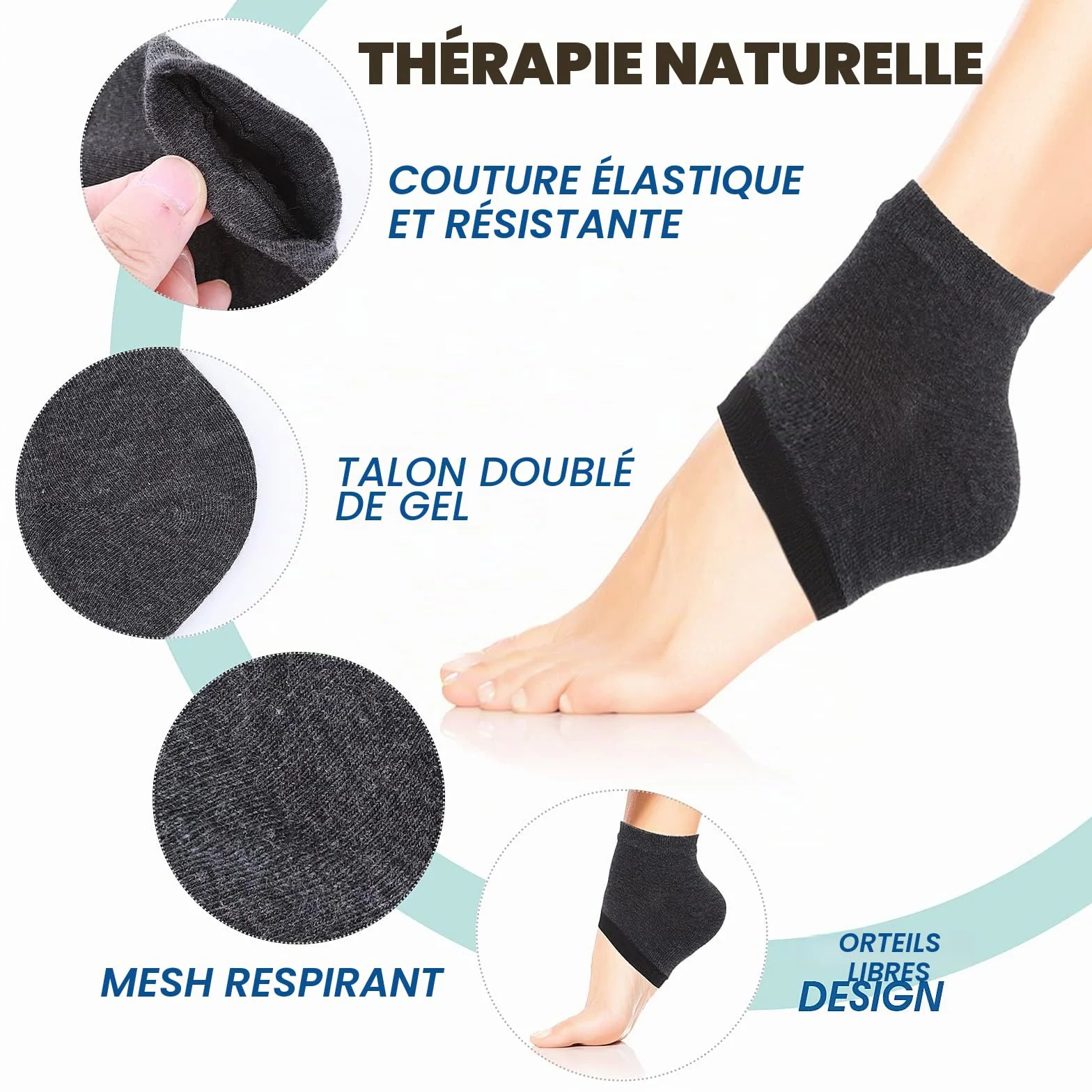 Sibba Lot de 3 Paires Chaussettes Hydratantes Talon Gel Ventilé Bout Ouvert Silicone Souple Peaux Sèches Craquelées Respirantes Réutilisables Protection Pieds