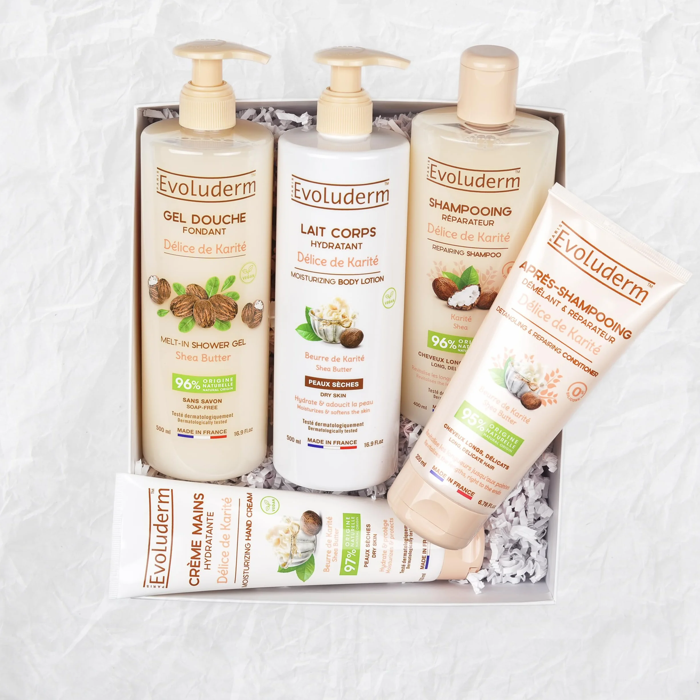 EVOLUDERM Coffret Cadeau Corps & Cheveux Délice de Karité 5 Produits + Gant Offert Origine Naturelle Végan Made in France