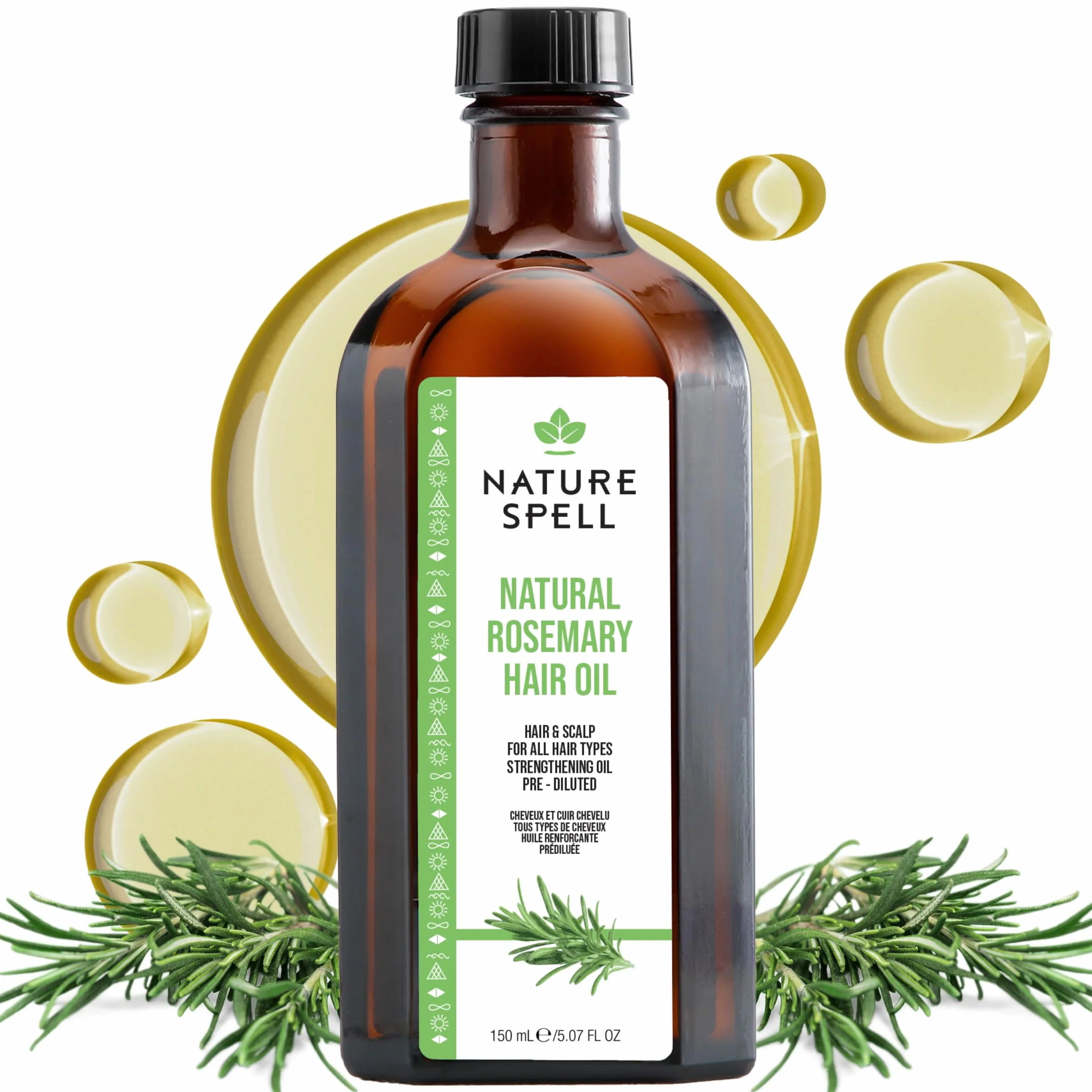Nature Spell Huile de Romarin Croissance Cheveux, Pré-diluée Cuir Chevelu, Stimule Pousse, Renforce Nourrit Cheveux Secs Abîmés, Vegan, 150 ml