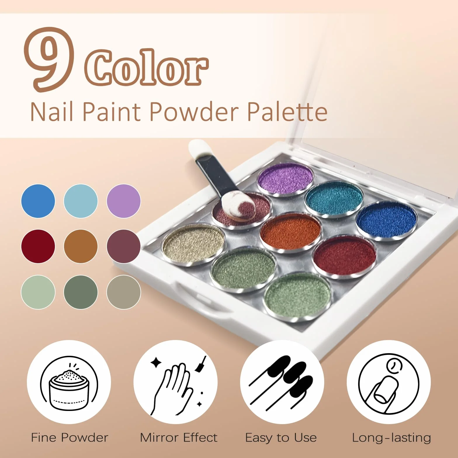 Poudre Chrome Ongle 9 Couleurs, Rouge Bleu Or Vert Mirror Metallic Pigment Glitzerpuder Nail Art avec Baguettes Éponge