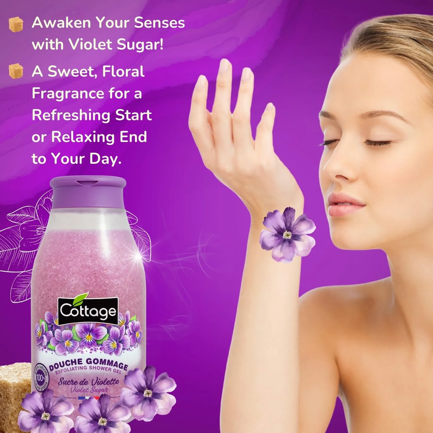 Cottage Douche Gommage Sucre de Violette Grains Exfoliants 100% Naturels