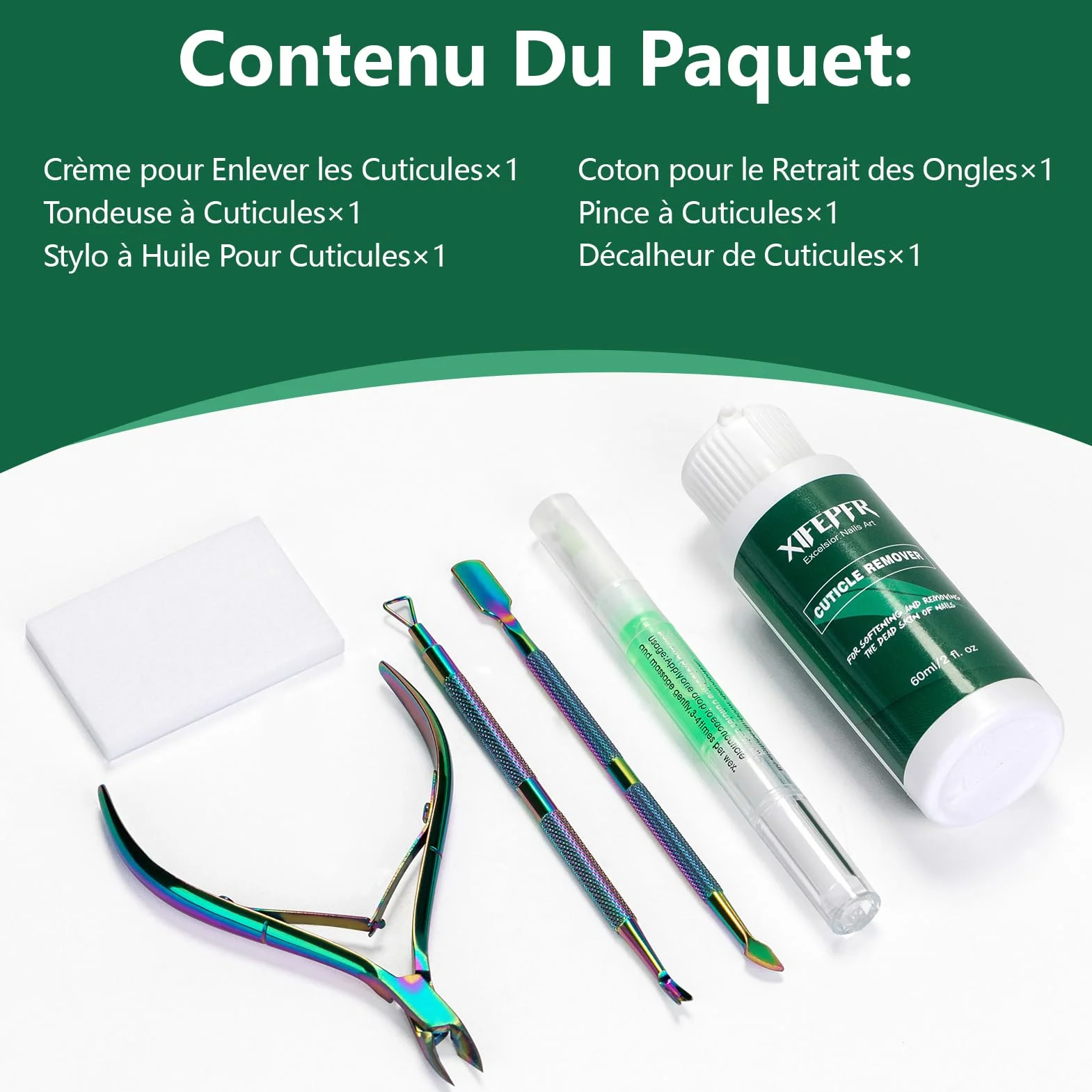 Kit de Remover de Cuticules avec Crème, Stylo d'Huile, Coupe-Cuticules, Pousseur et Tampons