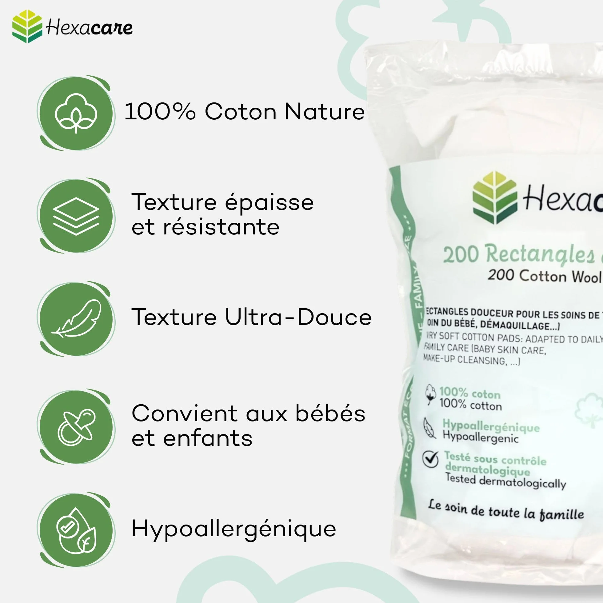 Hexacare Lot de 10 Paquets de 200 Rectangles de Coton 8x10 cm Extra Doux pour Bébé et Démaquillage 100% Fibres Naturelles Hypoallergénique