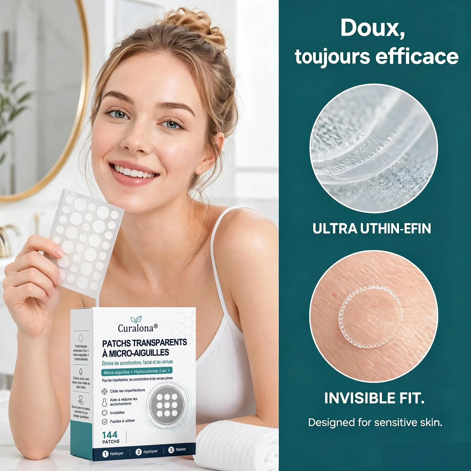 Curalona Patch 2-en-1 Microneedle & Hydrocolloïde 144 Pièce Invisible Imperméable Transpirable