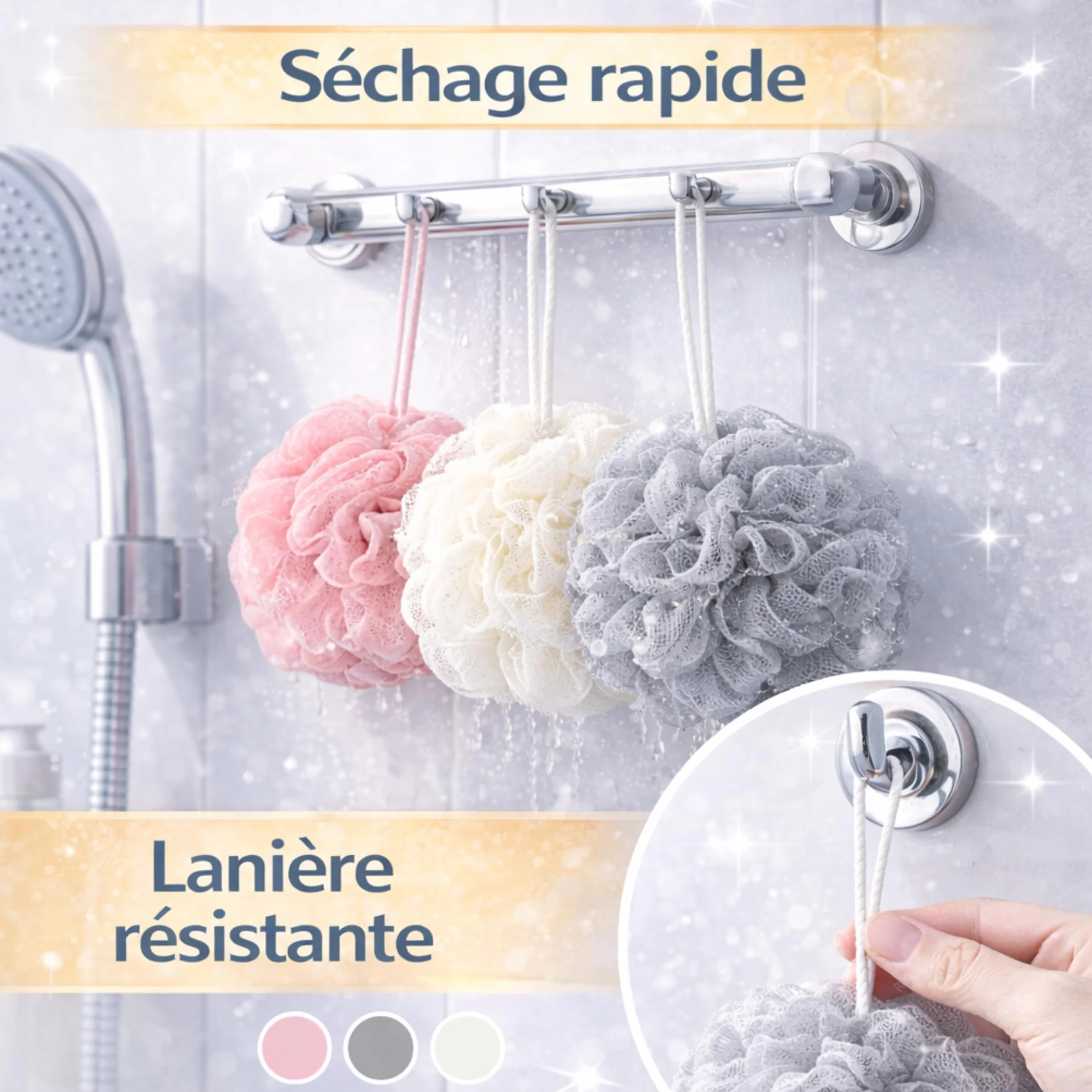 PARENCE Lot de 3 Fleurs de Douche Éponge de Bain Filet Exfoliant Ø 10 cm