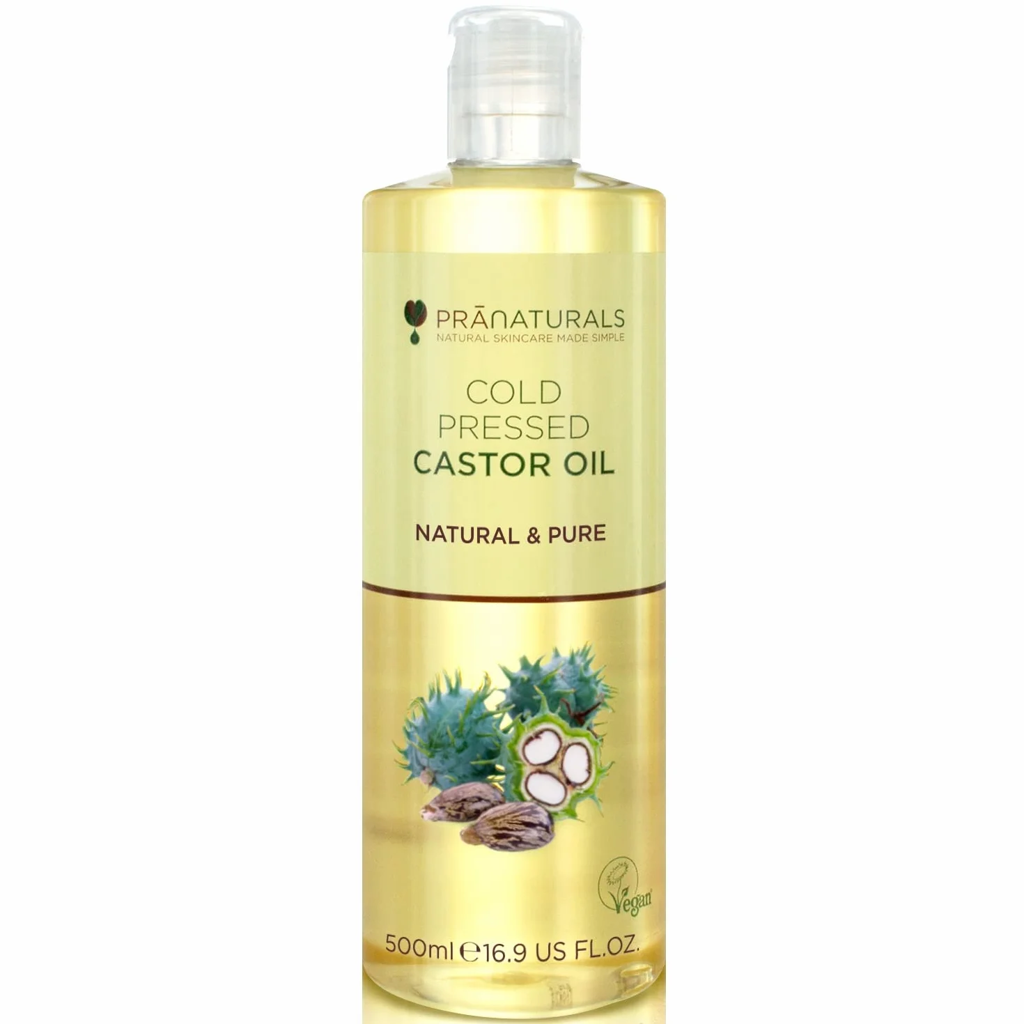 PraNaturals Huile de ricin pressée à froid 500 ml 100% naturel végétalien pure pour la croissance des cheveux et les cils