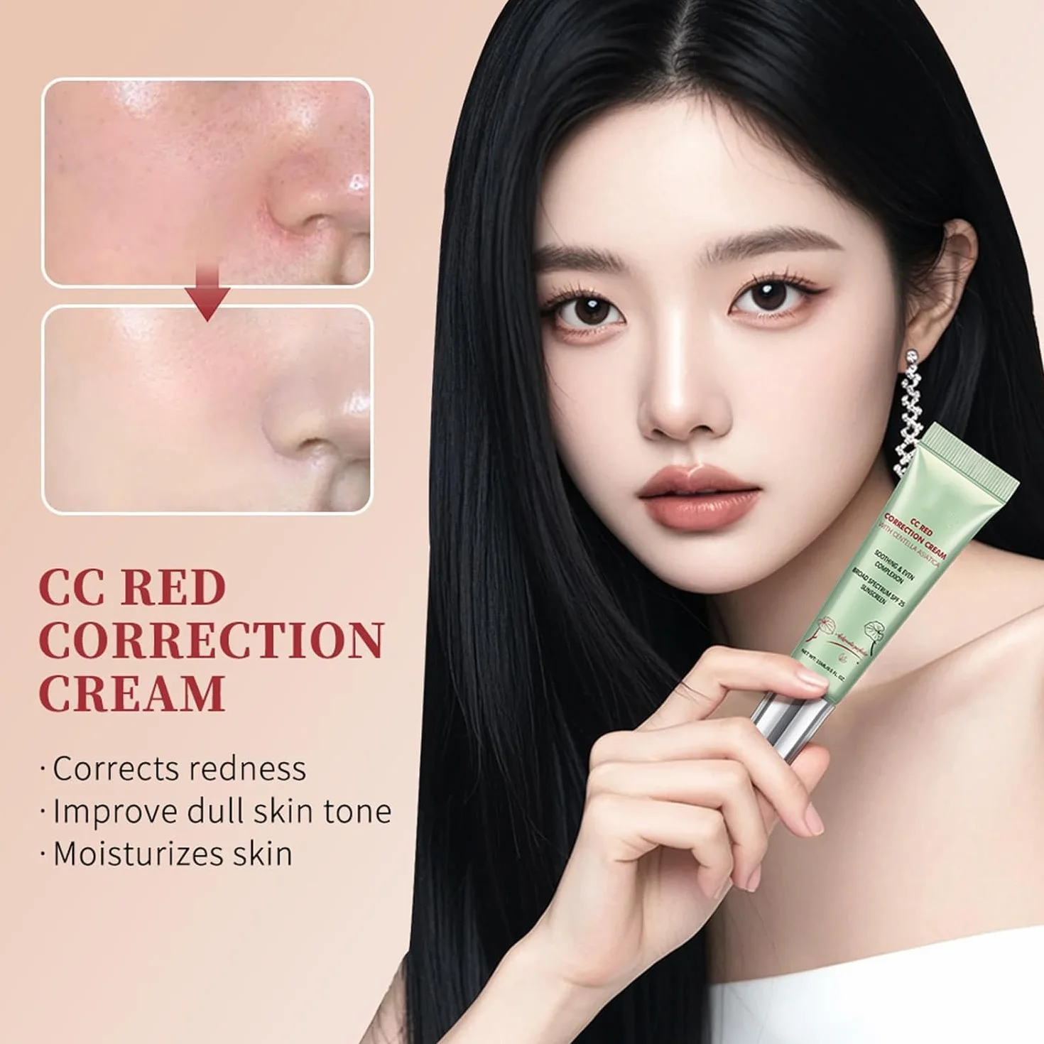 CC Correcteur Rouge à la Centella Asiatica, Anti-cernes Pores Invisibles, Crème CC Légère avec SPF 25, Anti-imperfections, Rougeurs et Marques d'Acné