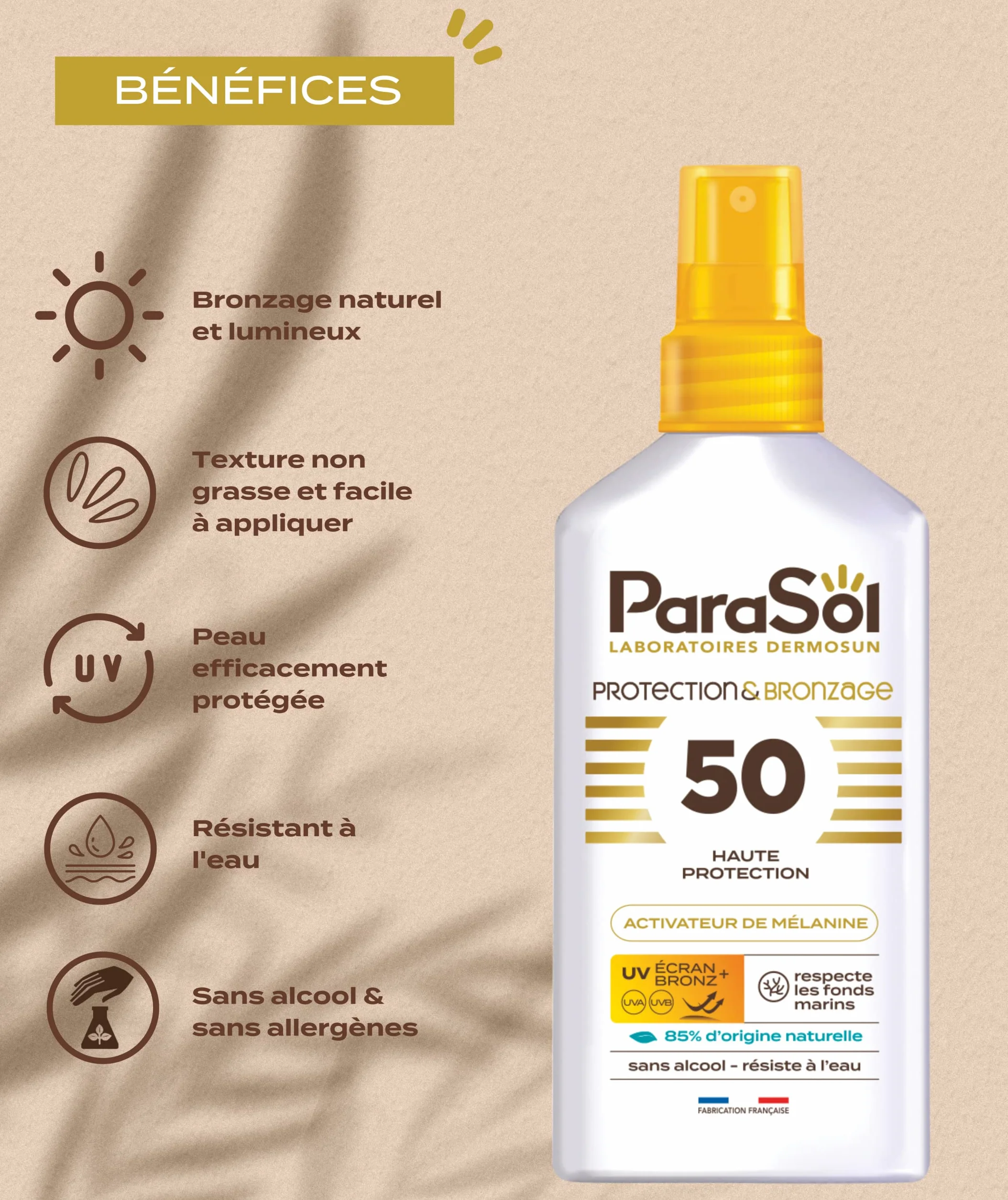 ParaSol Protection & Bronzage FPS 50 Soin solaire visage corps haute protection UVA/UVB Résistant eau Fabriqué France