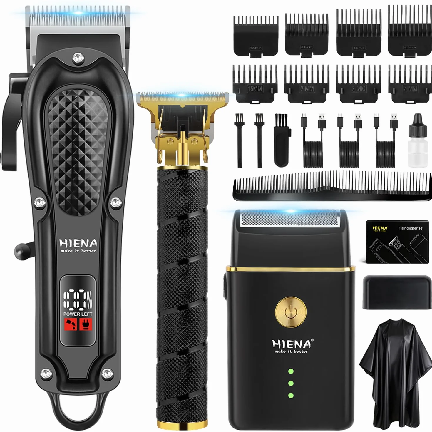 HIENA PRO Tondeuse à cheveux pour homme, sans fil, tondeuse à cheveux, tondeuse à barbe, rasoir à lames, kit complet de rasage et de coupe de cheveux électrique (3 pièces)