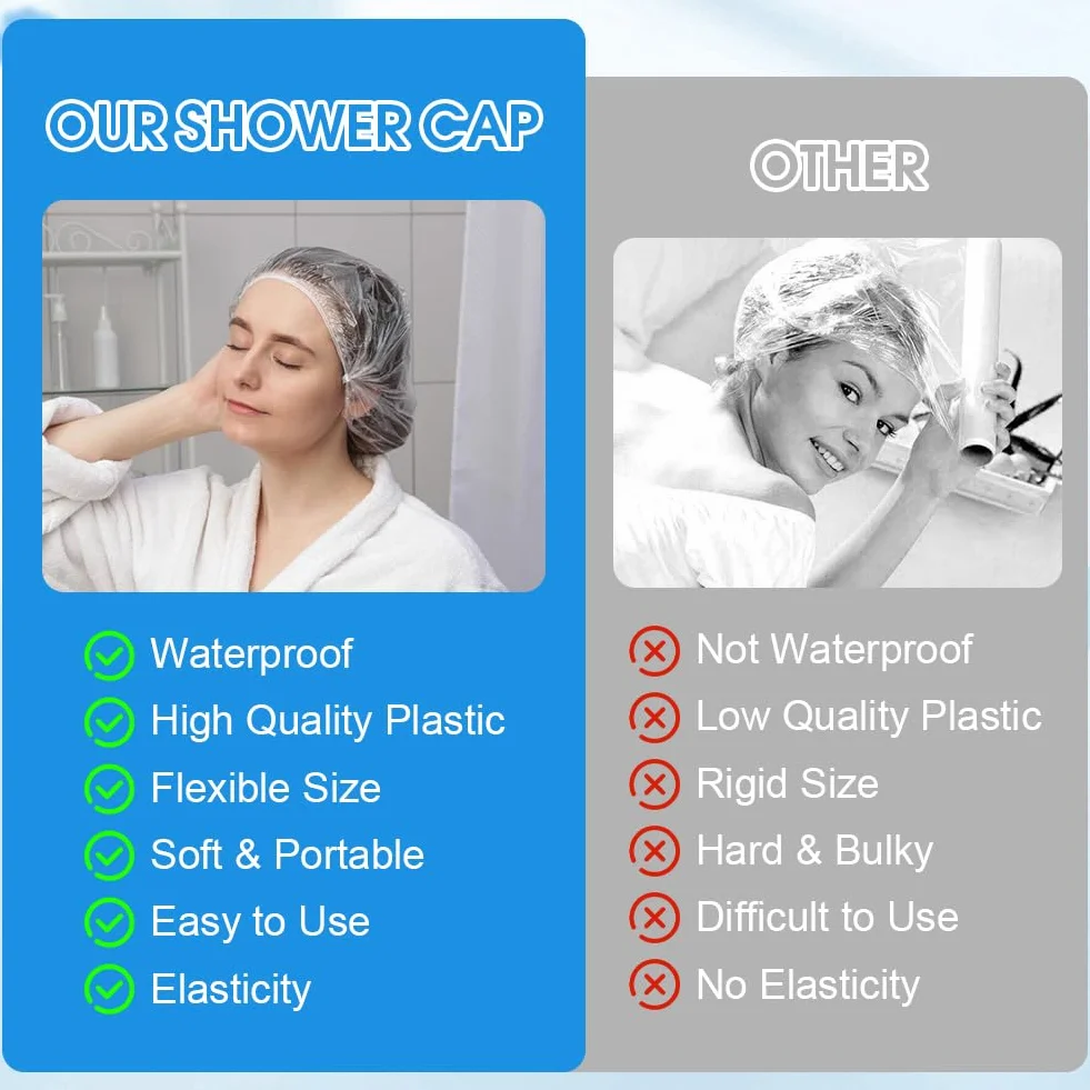 Bonnets de Douche Jetables 100PCS Charlotte Cheveux En Plastique Imperméables Élastiques Usage Unique