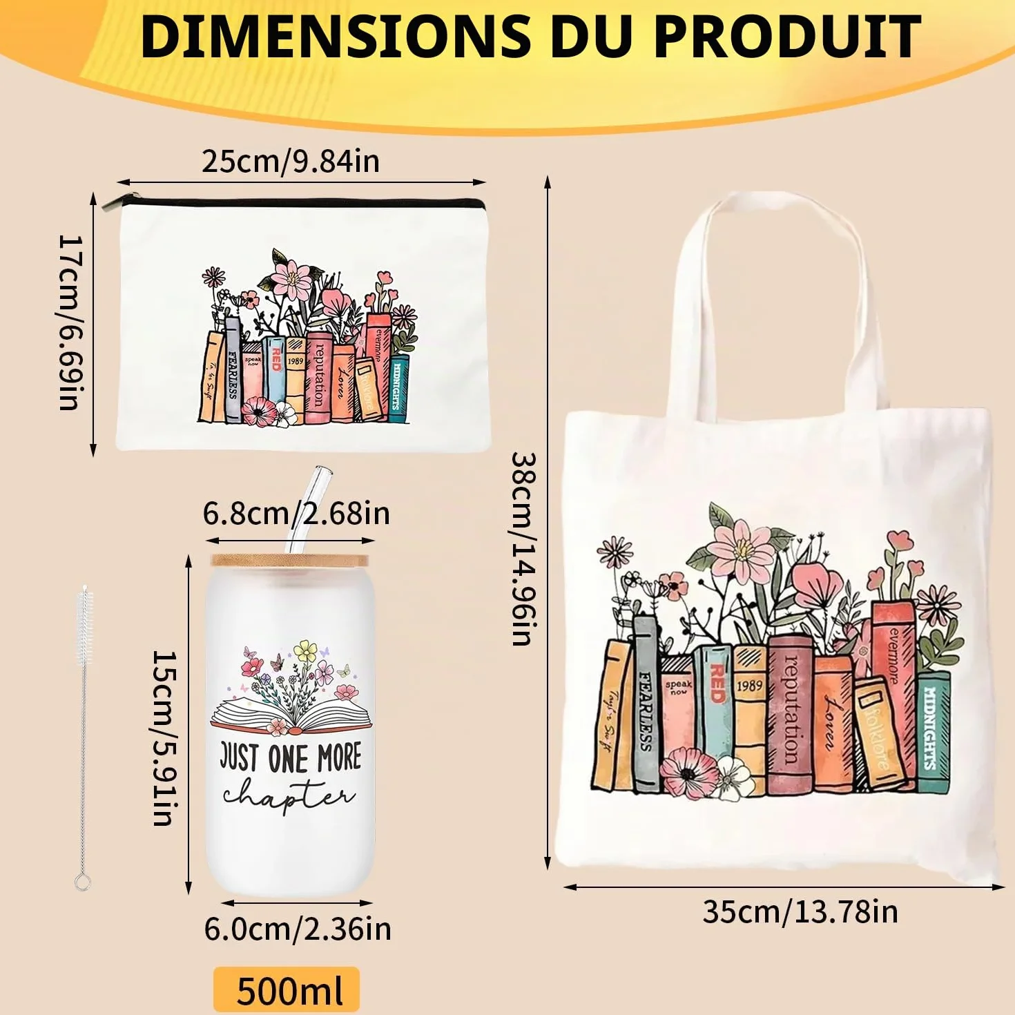 Onperpoe Cadeau d'anniversaire pour les amateurs de livres avec sacs fourre-tout, sacs cosmétiques, bouteilles en verre, bibliothécaire, bibliothécaire, cadeau pour lecteurs, enseignants, étudiants