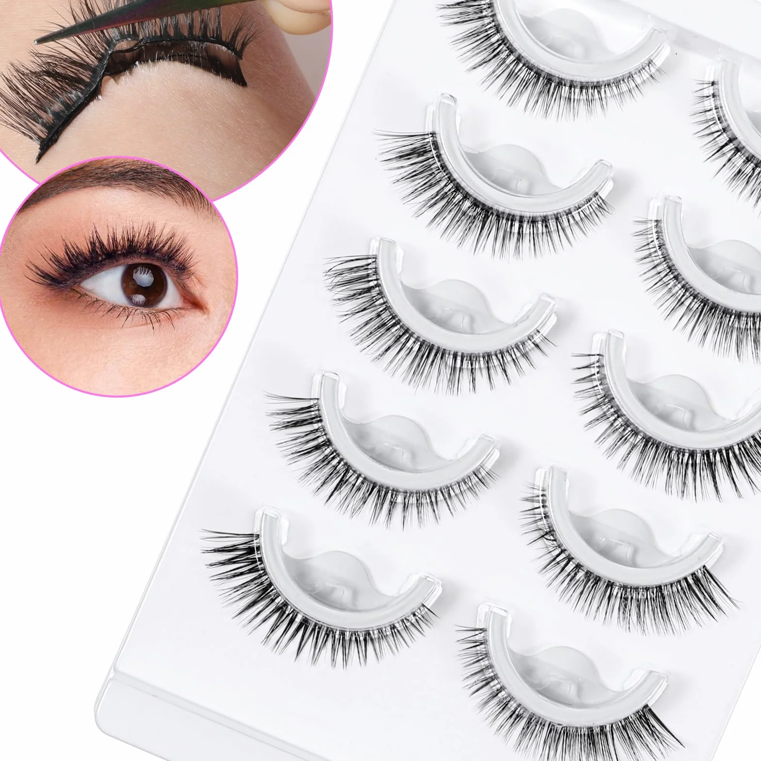 5 Paires Faux Cils Autoadhésifs Look Naturel Cil Pressés Sans Colle Réutilisables Pré-collés Imperméables Effet Œil de Chat Bandes de Cils 10-15mm
