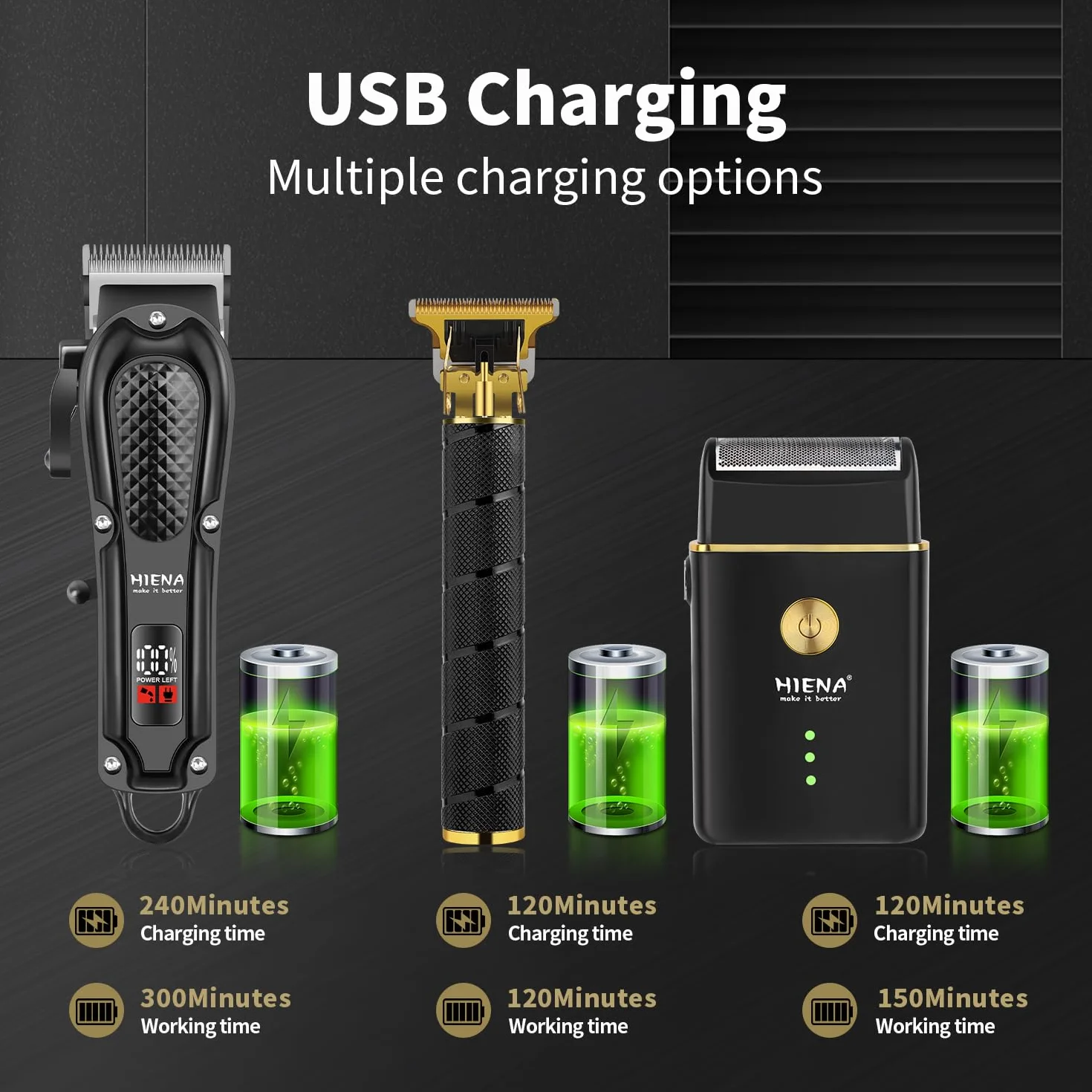 HIENA PRO Tondeuse à cheveux pour homme, sans fil, tondeuse à cheveux, tondeuse à barbe, rasoir à lames, kit complet de rasage et de coupe de cheveux électrique (3 pièces)