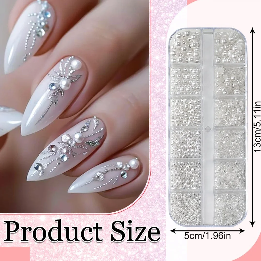 Boîte Blanc Perles Ongles Demi Rond Bijoux Nail Art Perles Couleur Or Argent Mini Nail Caviar Beads Strass Accessoires