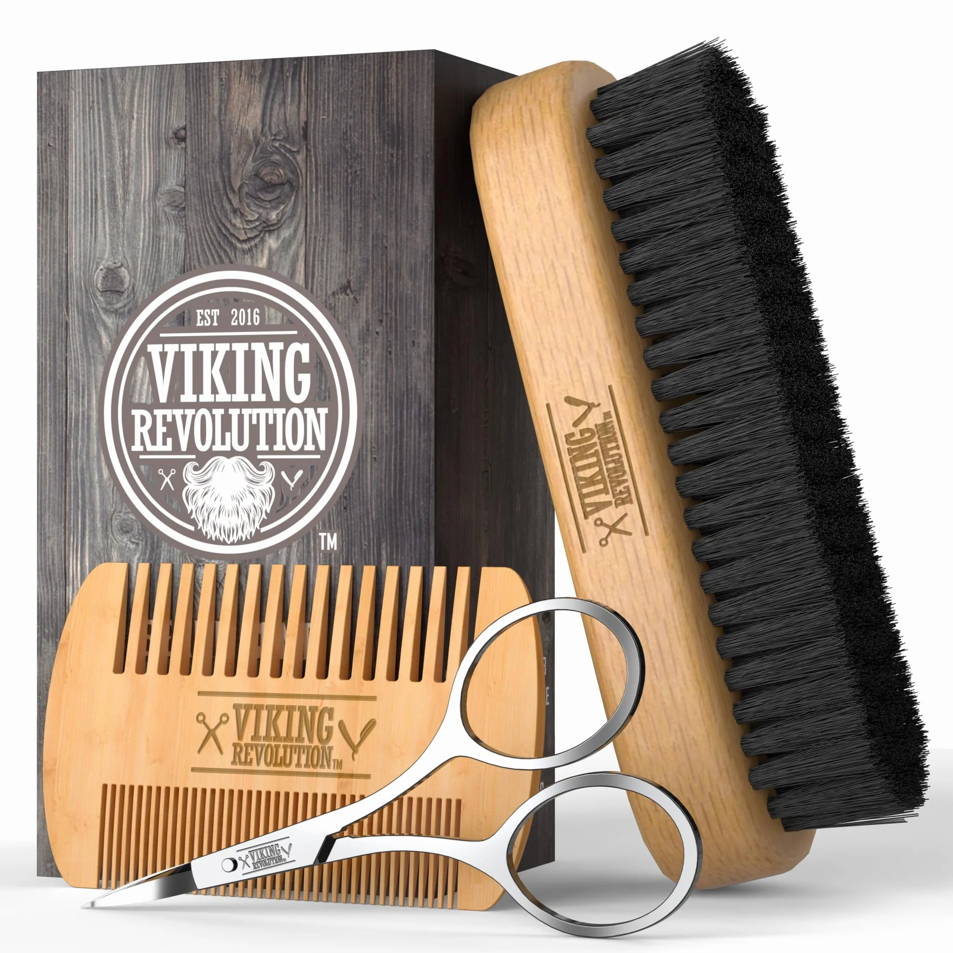Brosse à Barbe Poil de Sanglier Naturel Peigne Bois Poirier Viking Revolution avec Pochette Voyage Velours
