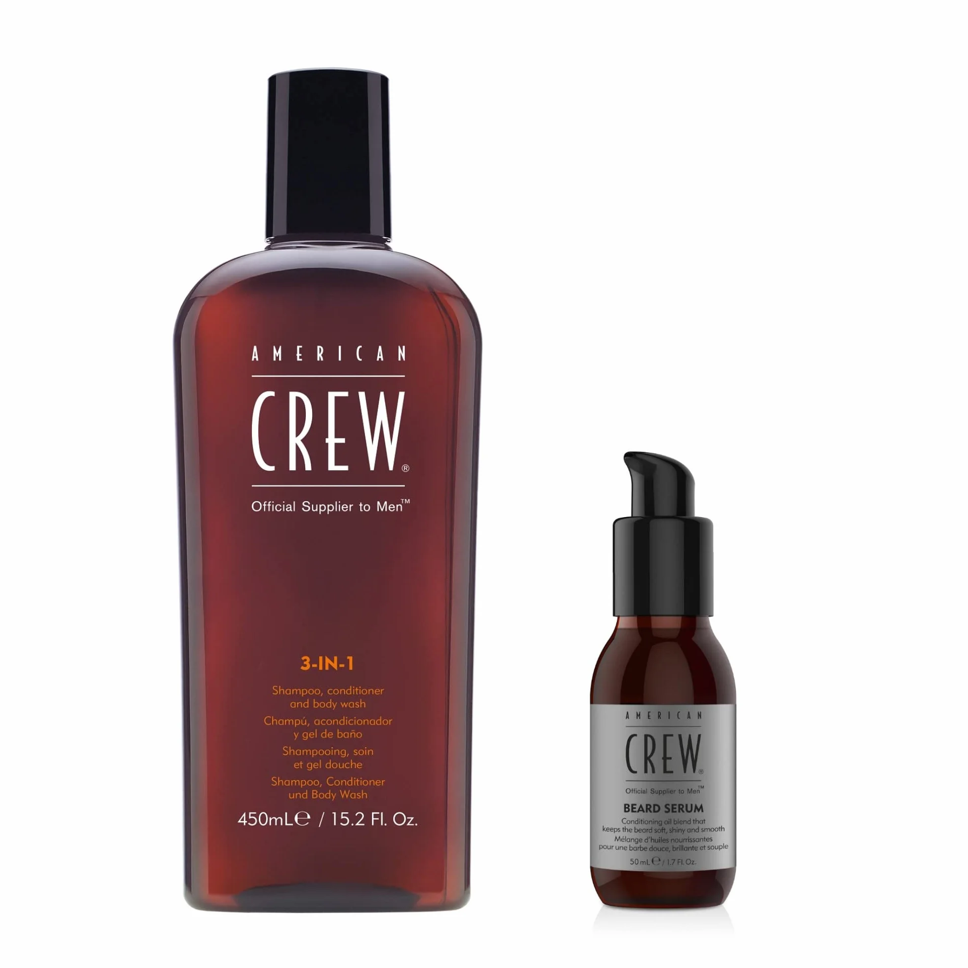 AMERICAN CREW Routine pour homme: 3-en-1 Shampoing/Soin/Gel Douche pour Cheveux/Corps 450ml + Baume Hydratant Soin du Visage tout-en-un