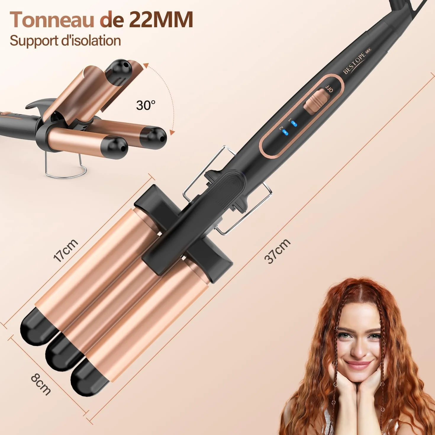 Boucleur 3 Tete Fer a Boucler- 22mm Boucleur a Cheveux en Céramique Fer à Friser 2 Températures, Fer a Onduler Chauffage Rapide pour Cheveux Longs, Courts