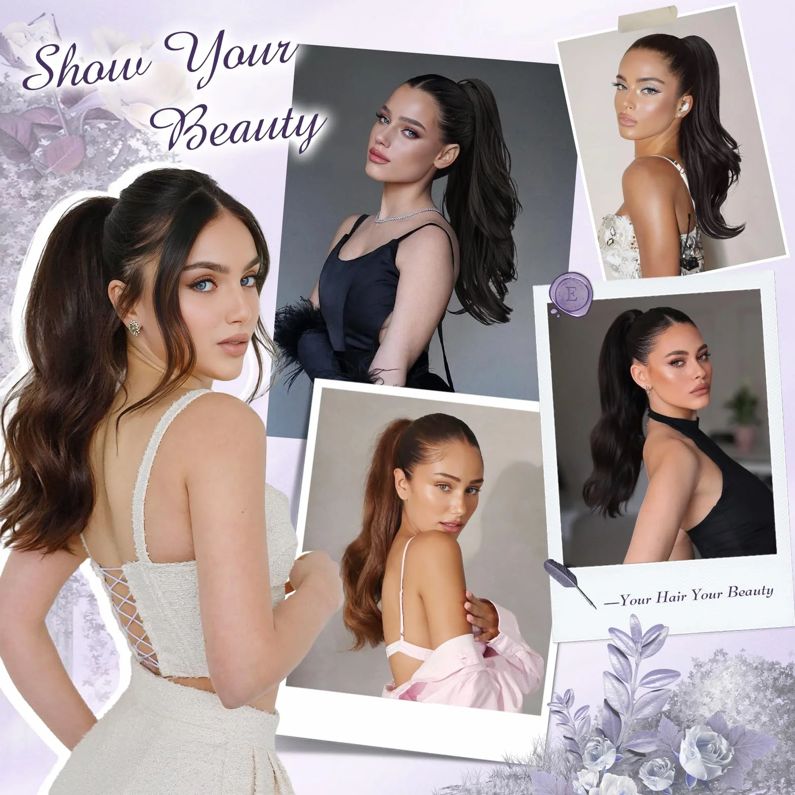 FESHFEN Extension Queue de Cheval avec Cordon, Naturel Ponytail Extensions de Cheveux Ondulées Synthétiques Blond Miel Mélangé Brun Clair Postiche Bouclés pour Femmese, 50 cm