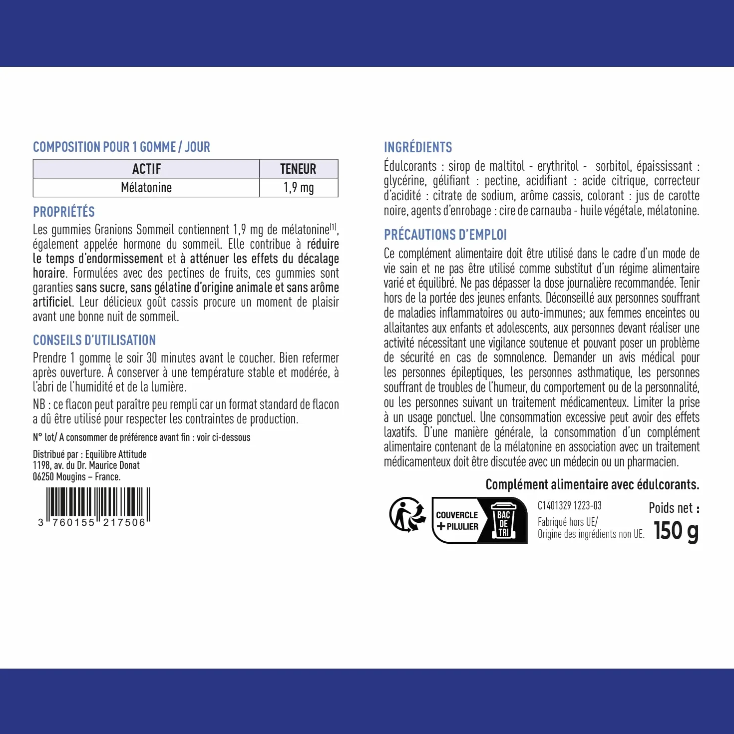 GRANIONS Gummies Sommeil Melatonine 1,9 mg Complément Alimentaire Adulte Vegan Sans Sucres 60 Gummies