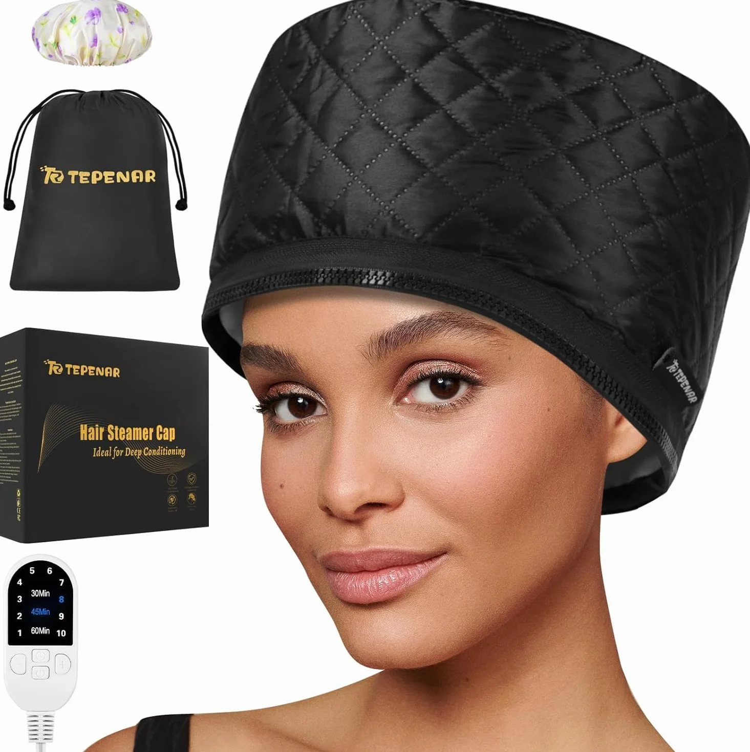 TEPENAR Bonnet vapeur professionnel avec 10 niveaux de chauffage et 3 minuteries - Capuchon chauffant électrique pour soins intensifs des cheveux naturels et afro - Hotte chaude portable pour la