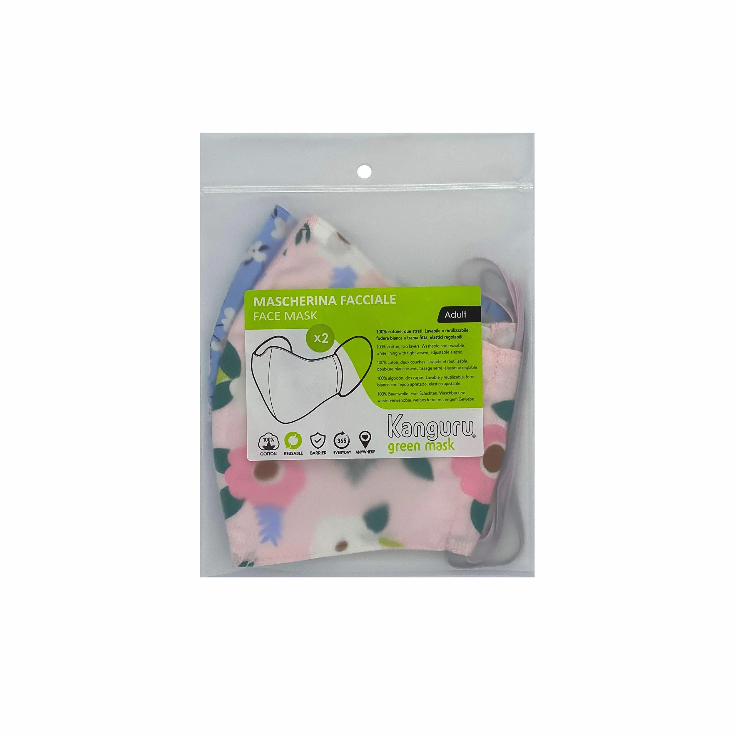 Kanguru Green Mask 100% coton 2 couches lavable réutilisable adulte set de 2 pièces