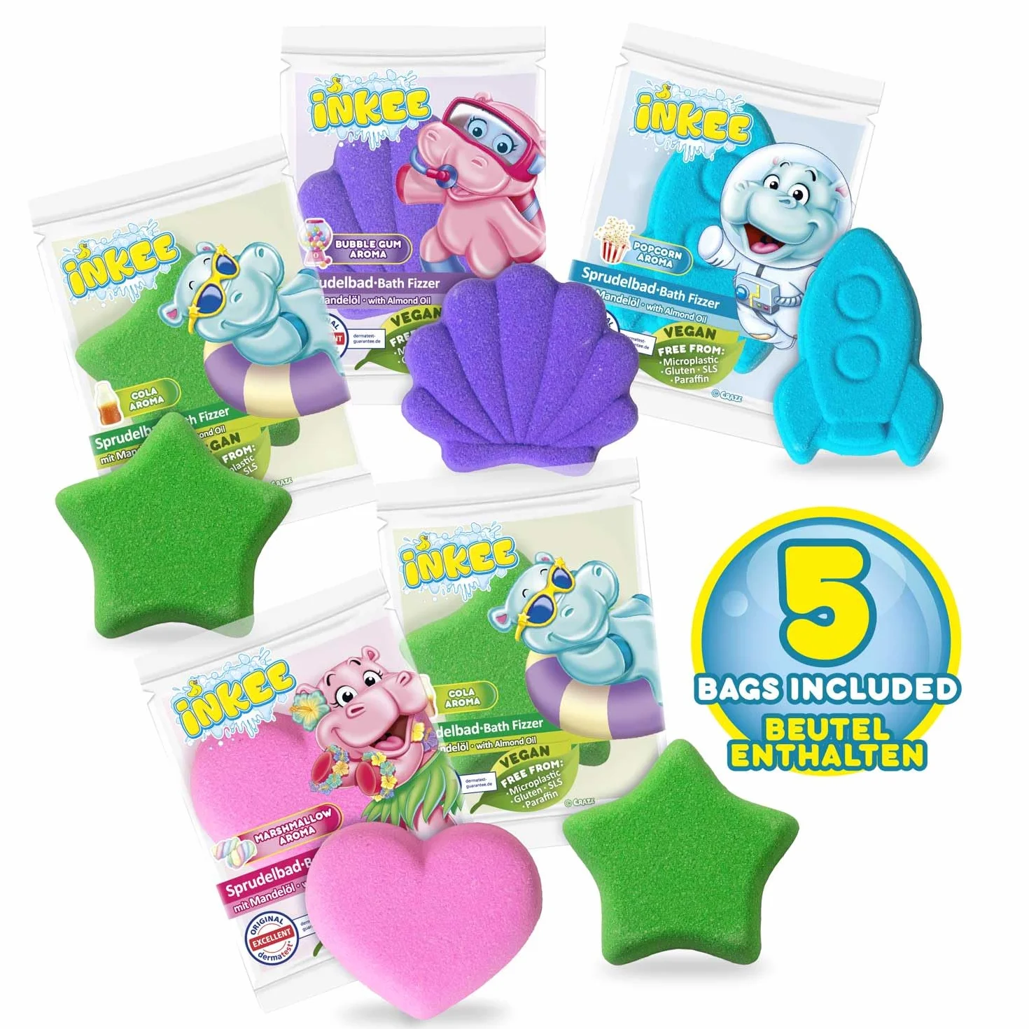 INKEE Bath Fizzer Mix 4x Boules de bain pétillantes à l'huile d'amande douce, Bombe de bain enfant 4x 20g