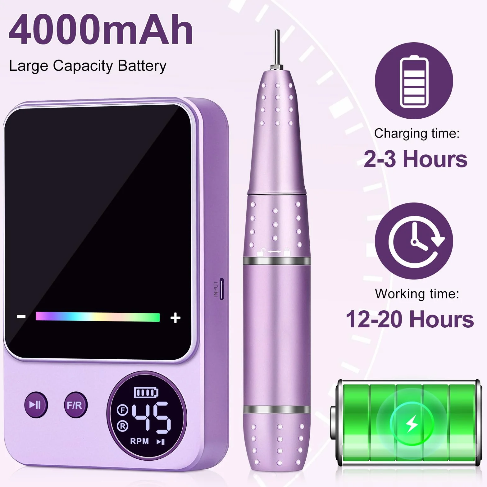 45000RPM Ponceuse à Ongles Professionnelle, Urbuti Ponceuse pour Ongles Électrique avec 11 Embouts et Écran LED, Limes à Ongles Portable pour Ongles en Acrylique et Gel, Manucure et Pédicure (Violet)