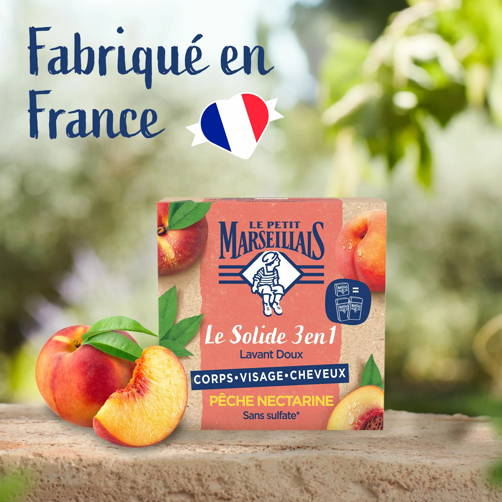 Le Petit Marseillais Le Solide 3 en 1 Lavant Doux Pêche Nectarine Savon solide corps visage cheveux sans sulfate équivalent 2 flacons gel douche