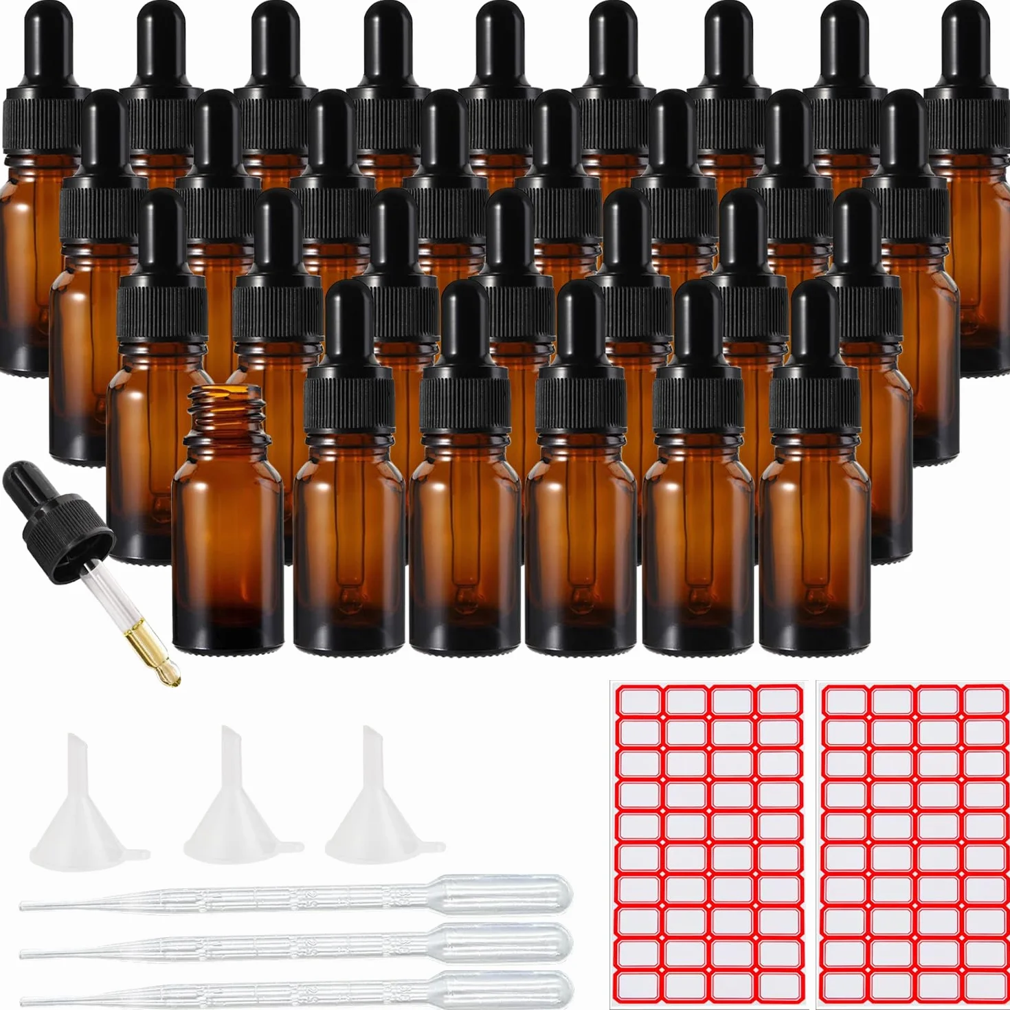 Lot de 30 flacons compte-gouttes en verre ambré de 15 ml pour huiles essentielles, parfums, liquides, laboratoires de chimie