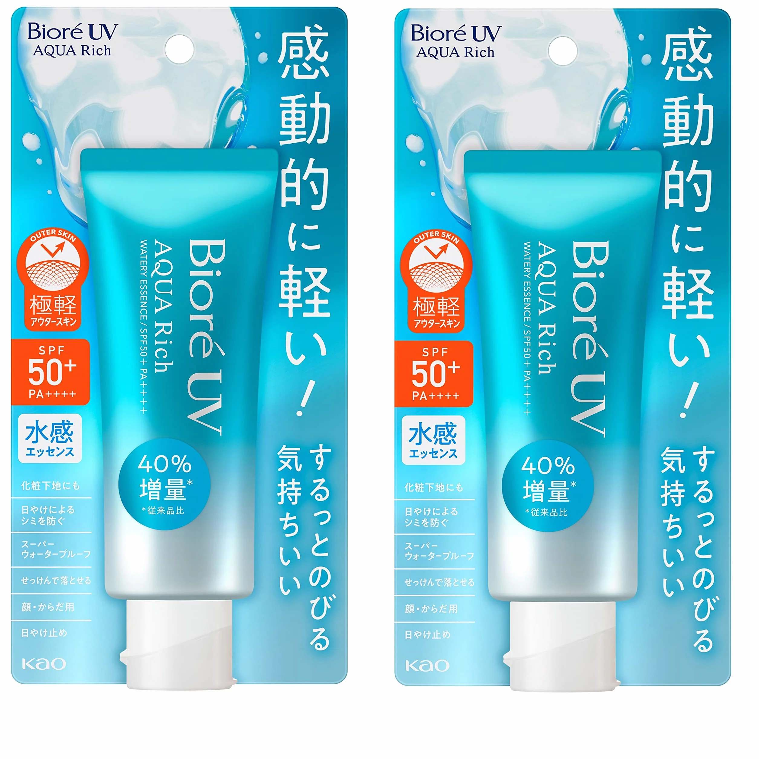 Biore UV Aqua Rich Watery Essence Sunscreen Crème Solaire SPF50+ PA++++ 70g Ecran Solaire Made in Japan, Lot de 2